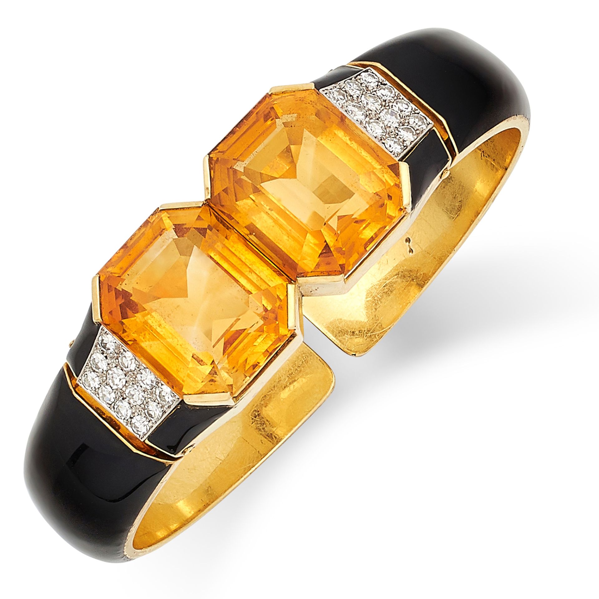 VINTAGE CITRINE, DIAMOND AND ENAMEL BANGLE set with emerald cut citrines, round cut diamonds and