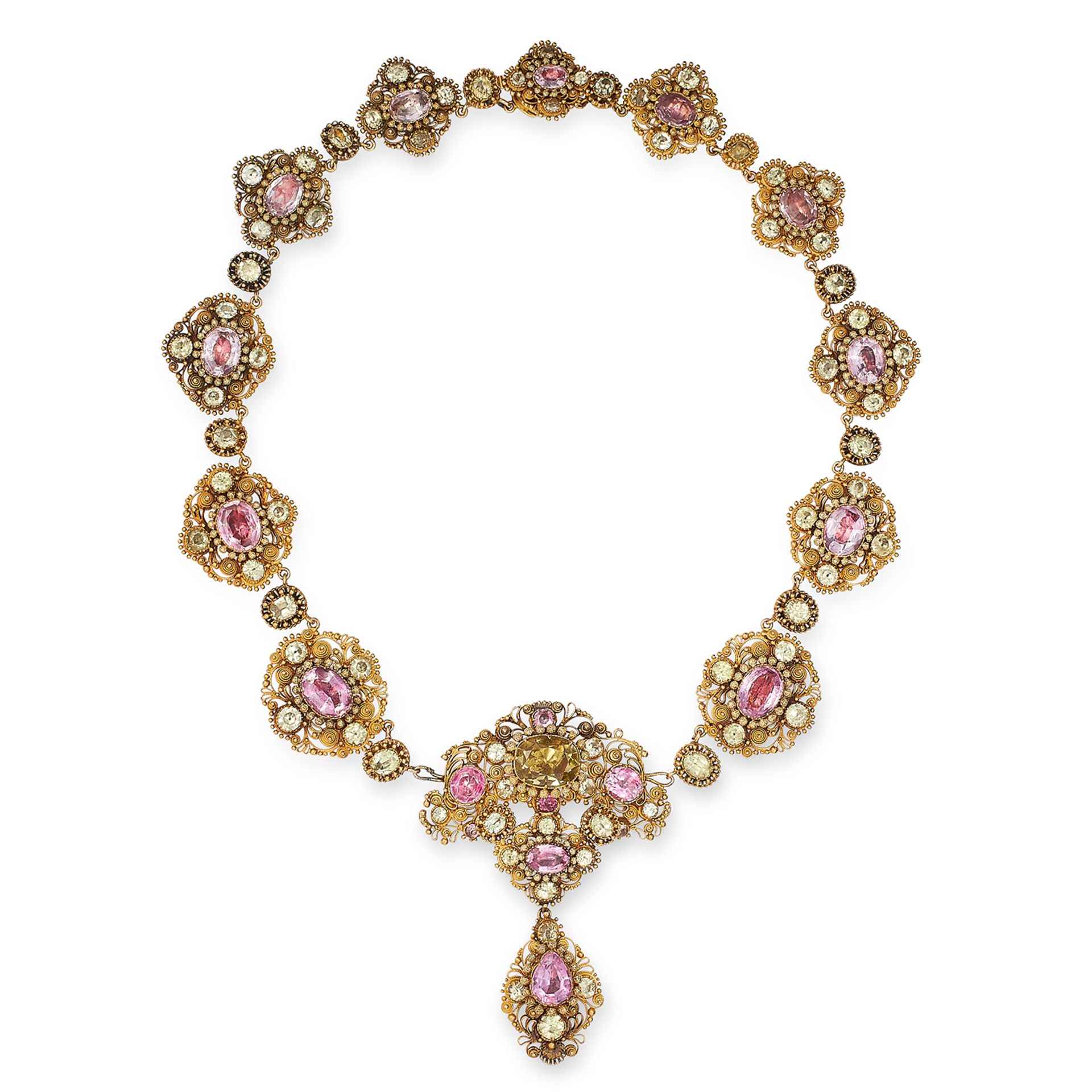 ANTIQUE GEORGIAN PINK TOPAZ AND CHRYSOBERYL NECKLACE, EARRING AND BROOCH DEMI PATURE set with round,