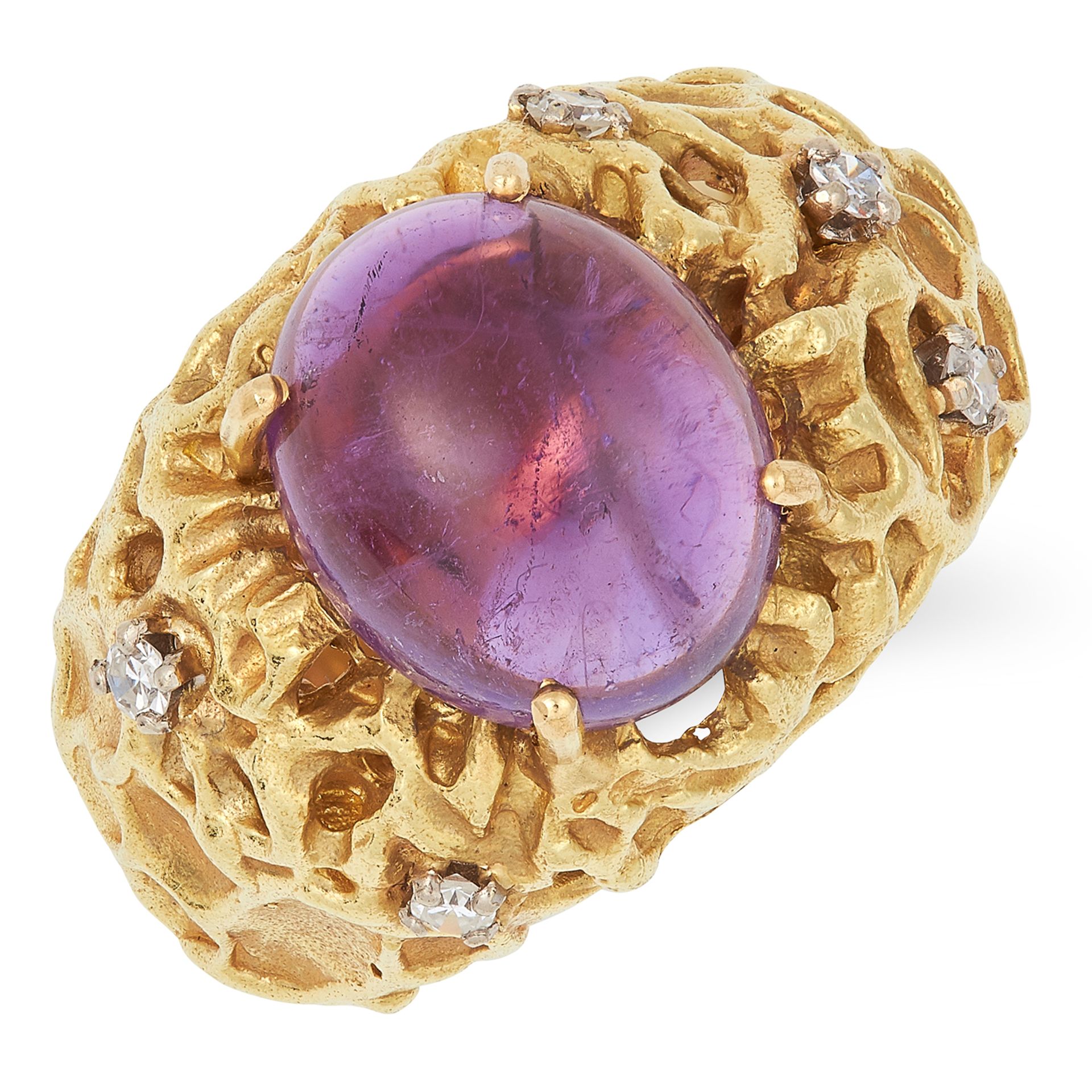 AMETHYST AND DIAMOND RING, ANDREW GRIMA 1969, set with a cabochon amethyst and round cut diamonds,