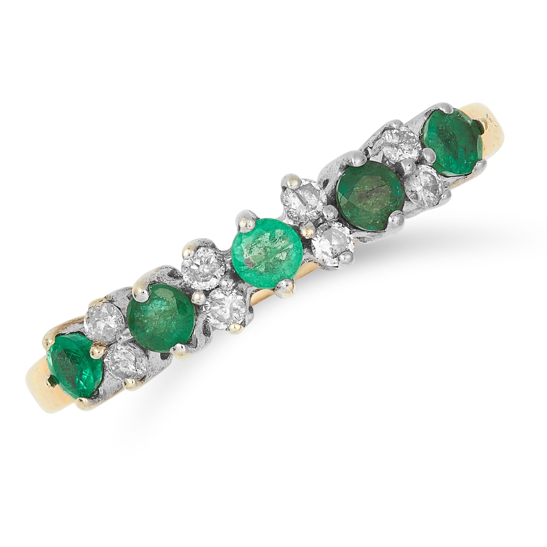 EMERALD AND DIAMOND RING set with alternating round cut emeralds and diamonds, size Q / 8, 2.2g.