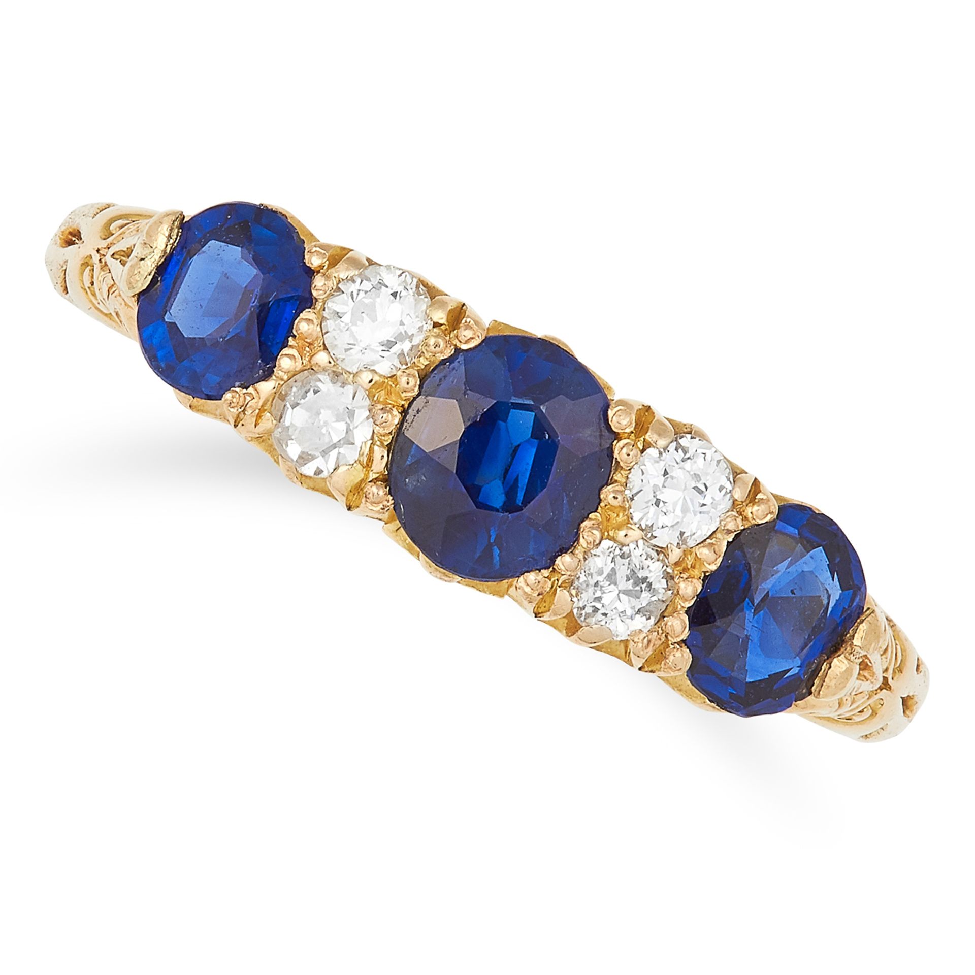 SAPPHIRE AND DIAMOND RING set with three oval cut sapphires totalling approximately 1.09 carats