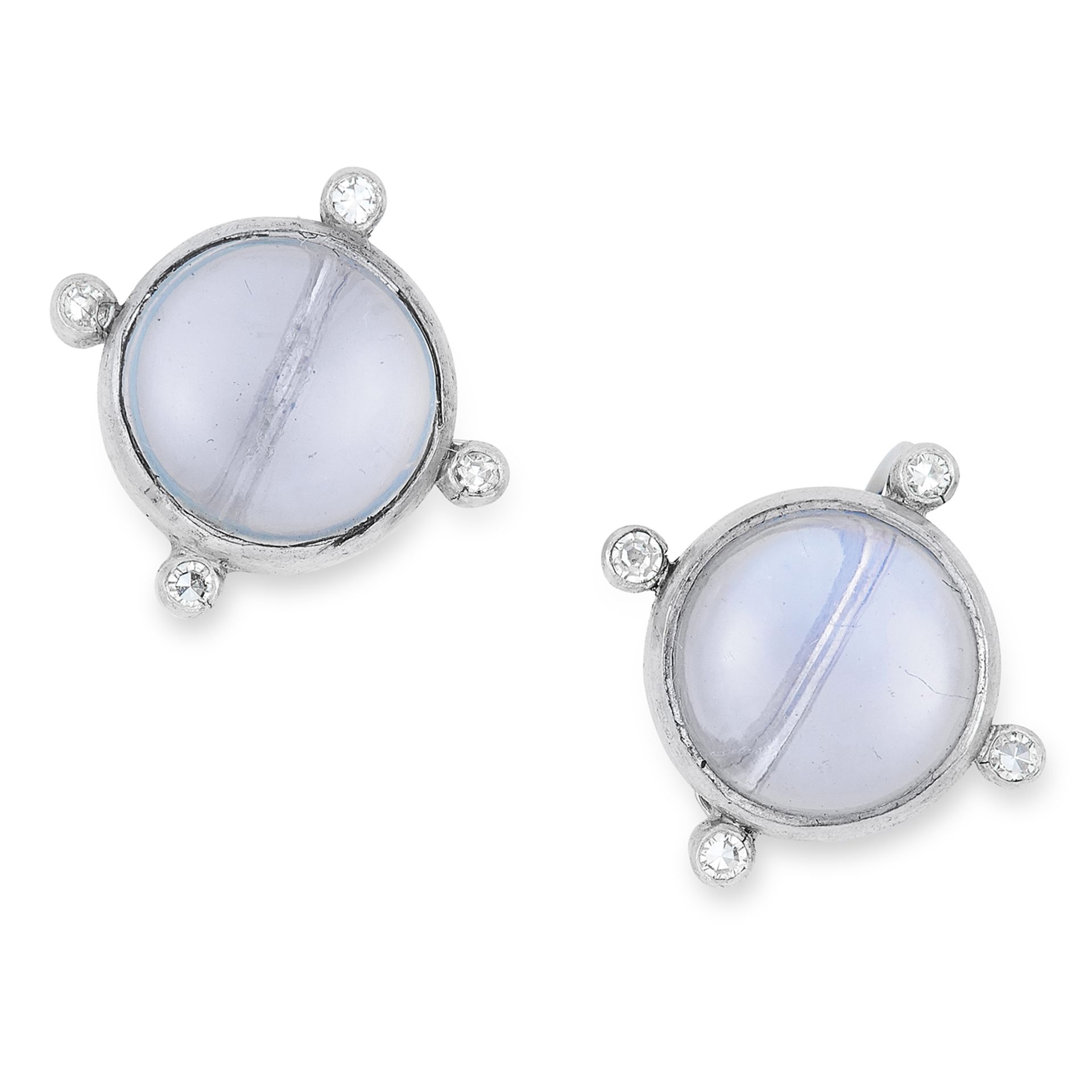 MOONSTONE AND DIAMOND EARRINGS, set with cabochon moonstones and round cut diamonds, 1.4cm, 3.8g.