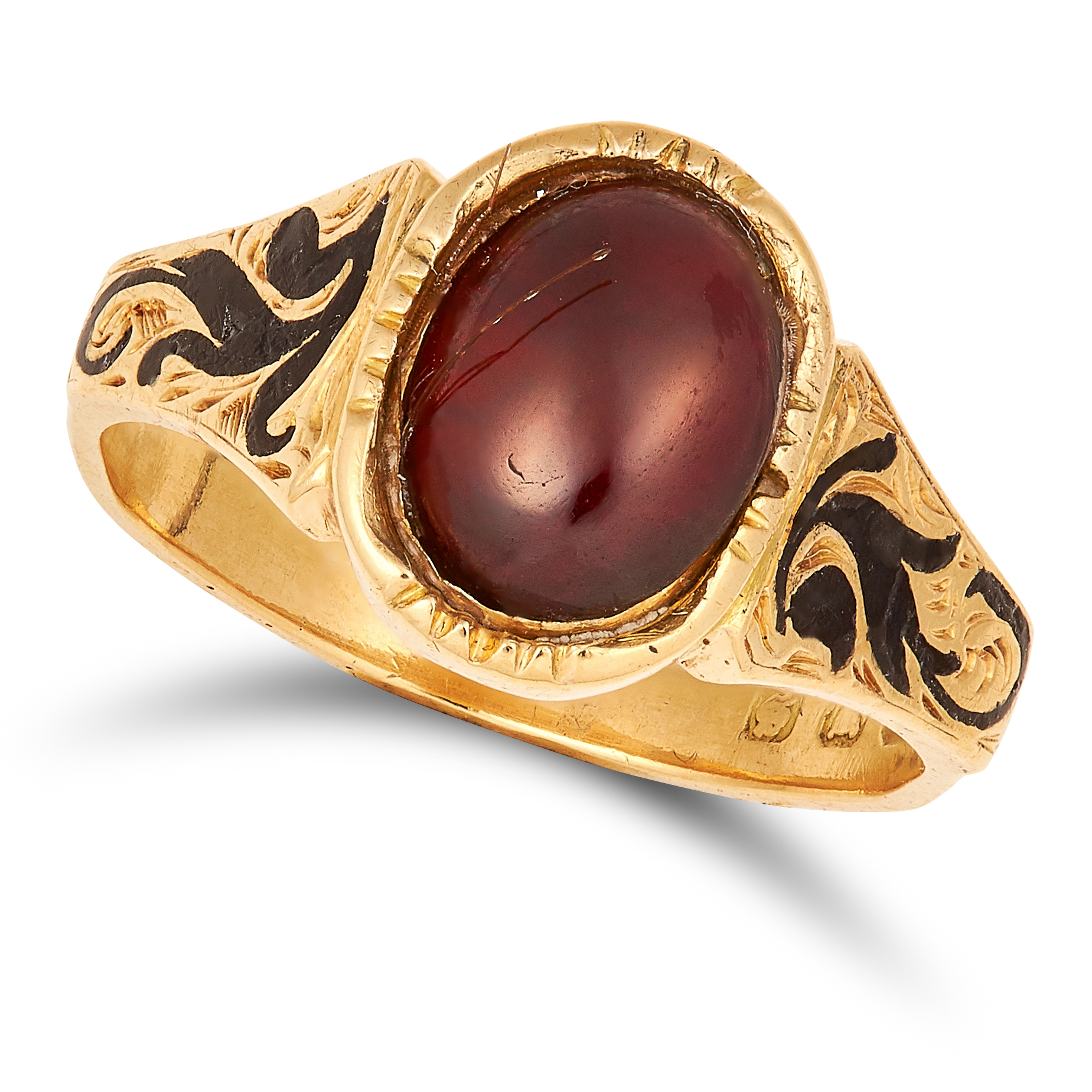 ANTIQUE GARNET AND ENAMEL MOURNING RING, CIRCA 1854 set with a cabochon garnet and black enamel,