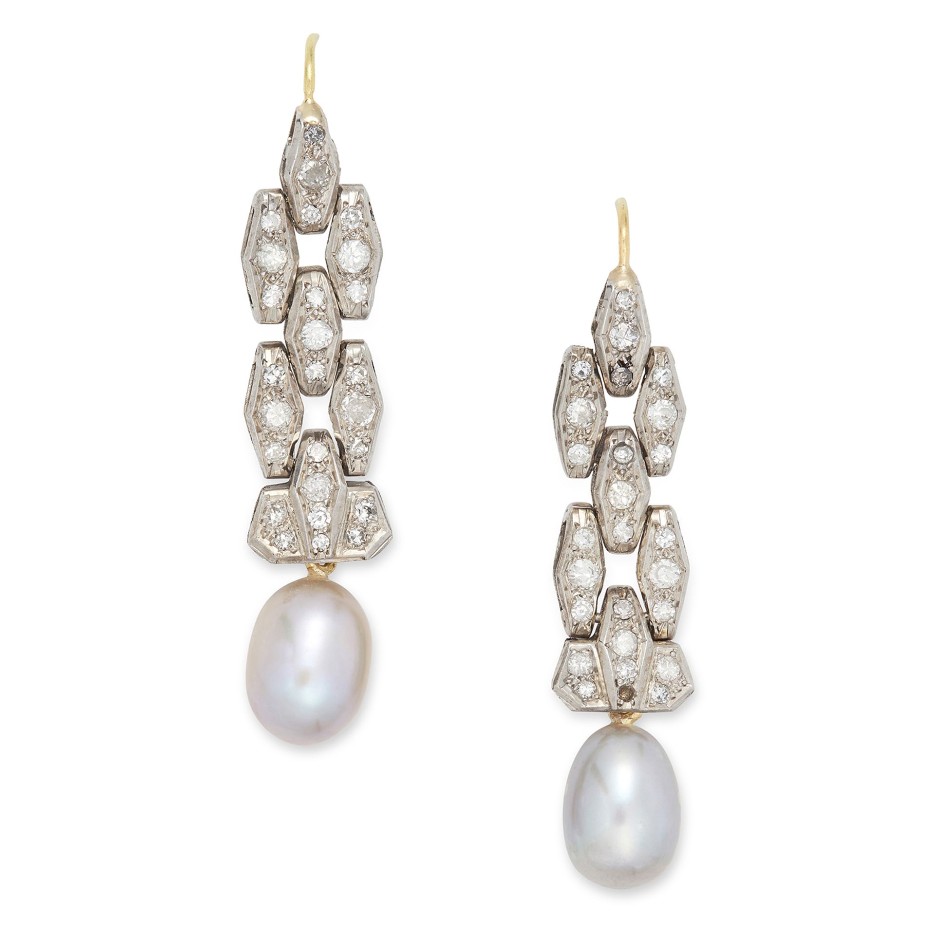 DIAMOND AND PEARL EARRINGS in Art Deco design, each set with round cut diamonds, suspending a pearl