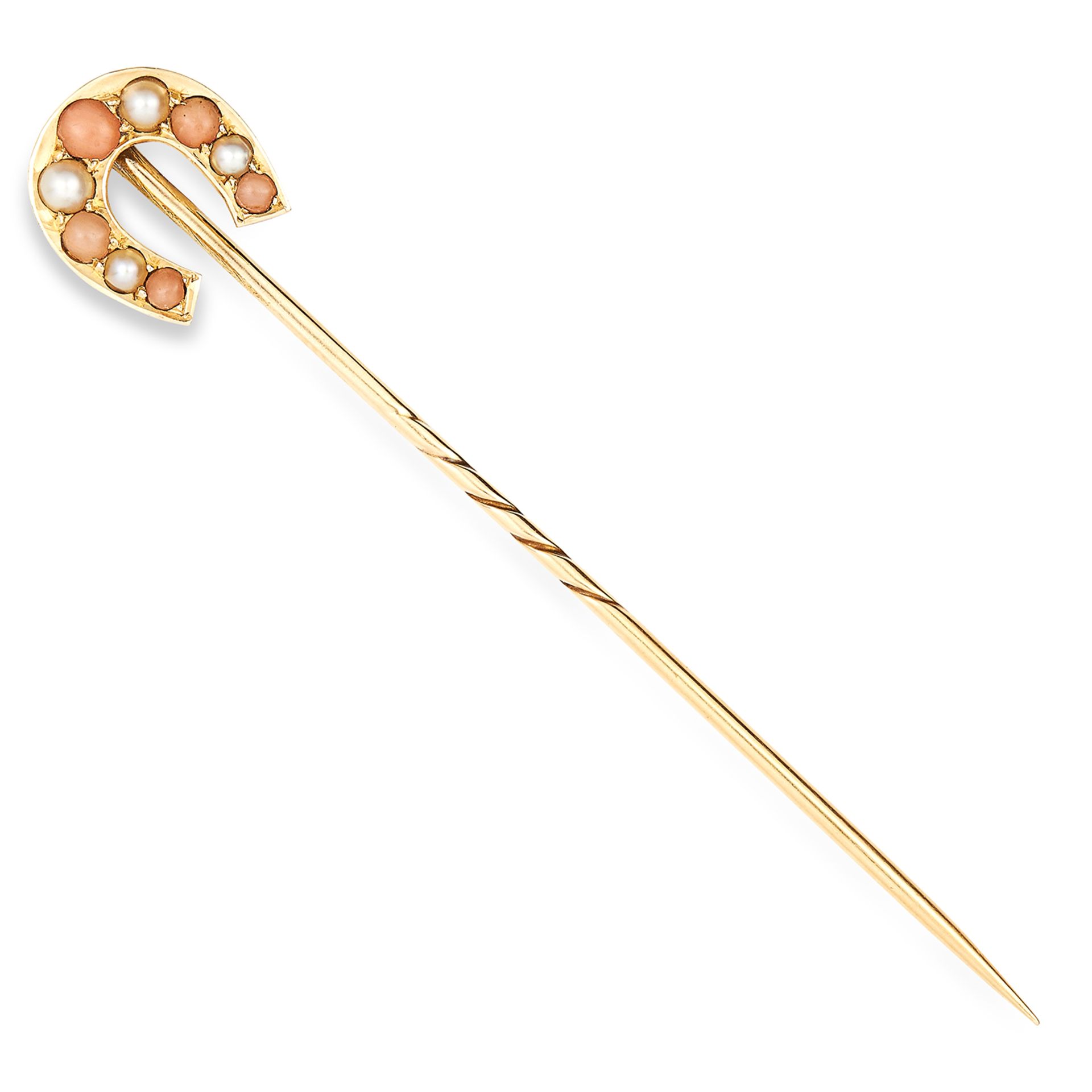 ANTIQUE CORAL AND PEARL HORSE SHOE STICK PIN set with cabochon coral and seed pearls, 6cm, 1.8g.