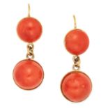 CORAL EARRINGS, set with cabochon coral, 3.3cm, 7.9g.