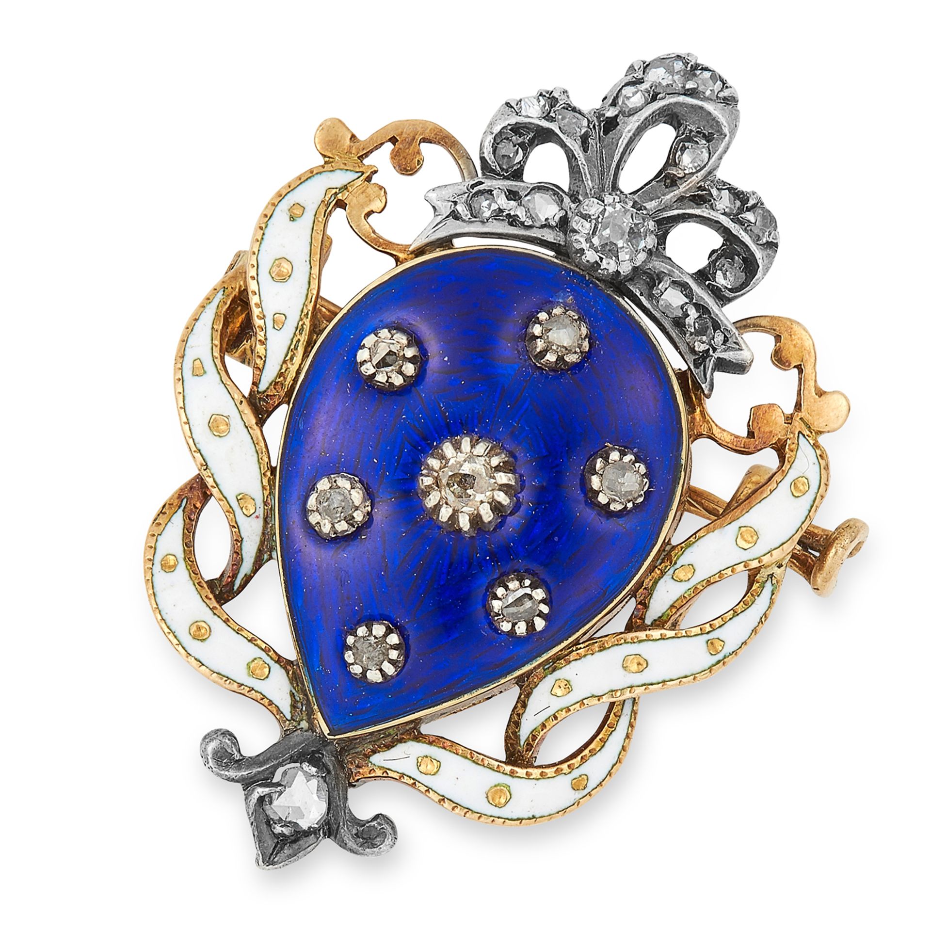 ANTIQUE DIAMOND AND ENAMEL BROOCH set with blue and white enamel and rose cut diamonds, 3cm, 7g.