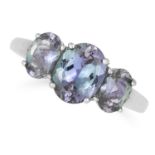 TANZANITE THREE STONE RING set with three oval cut tanzanite, size M / 6, 3.1g.