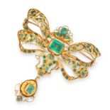 ANTIQUE EMERALD BOW BROOCH, SPANISH 19TH CENTURY set with pear, square and cushion cut emeralds, 6.