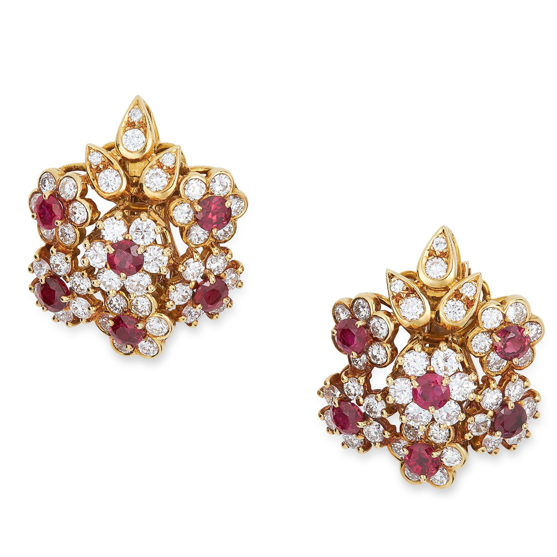 RUBY AND DIAMOND FLOWER CLUSTER EARRINGS, VAN CLEEF & ARPELS set with round cut rubies and diamonds,