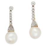 ANTIQUE NATURAL PEARL AND DIAMOND EARRINGS each comprising of a row of round cut diamonds and