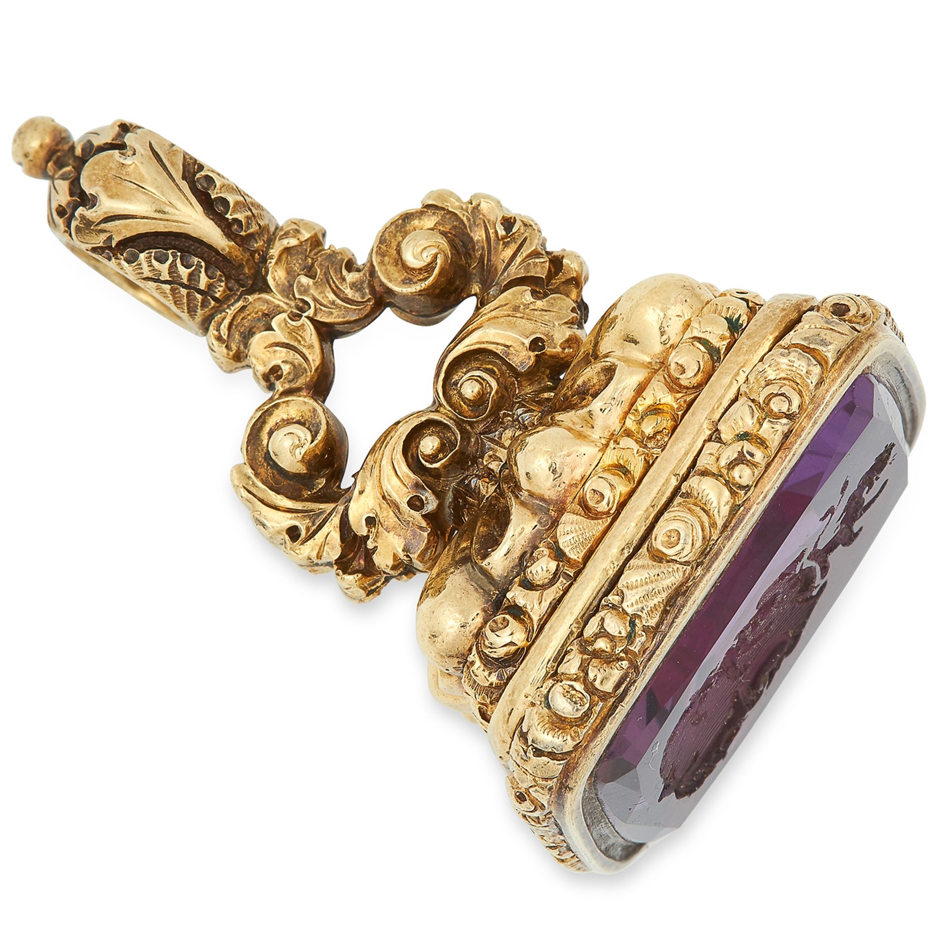 ANTIQUE AMETHYST FOB set with carved amethyst, 3.7cm, 22g.