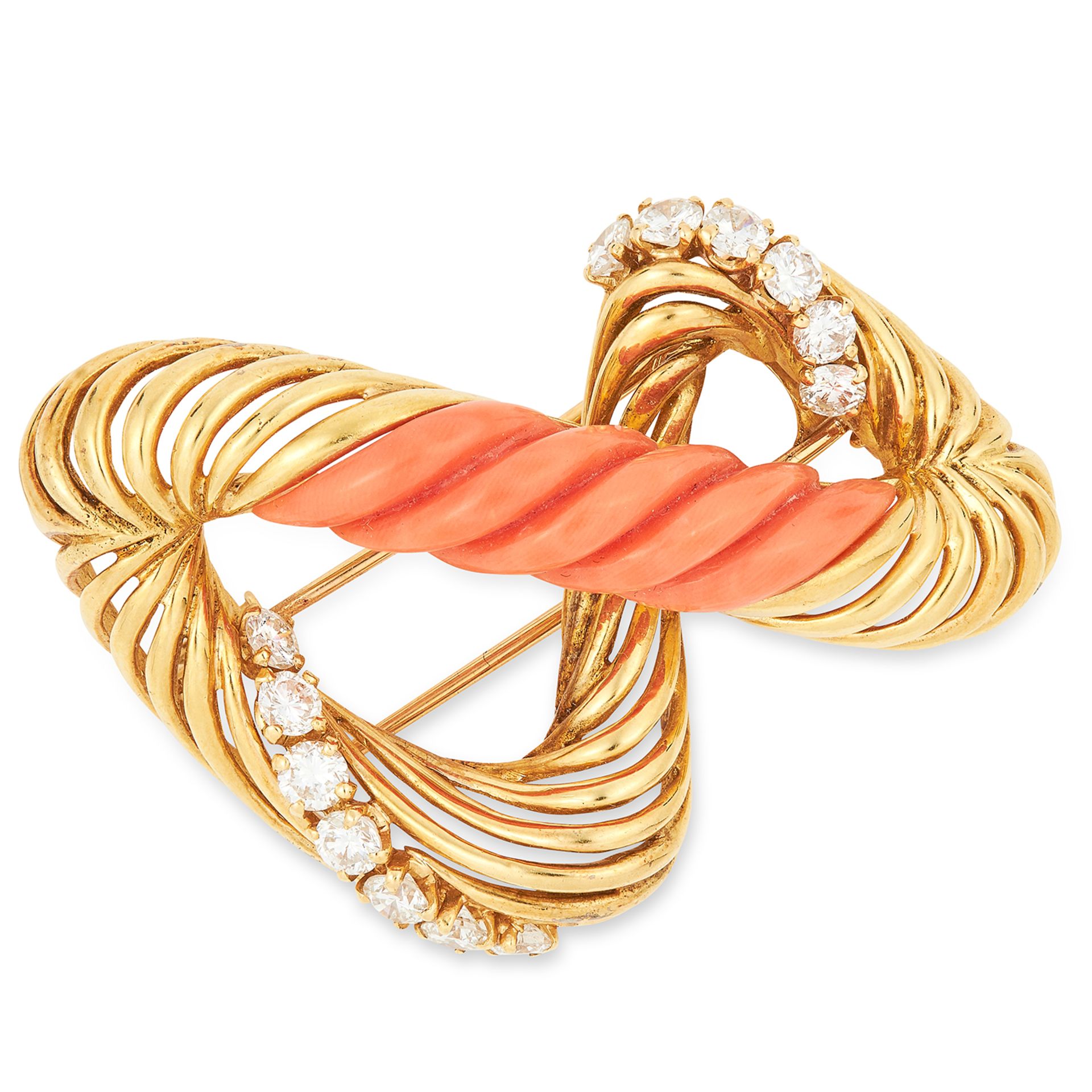 VINTAGE DIAMOND AND CORAL BROOCH, MAUBOUSSIN designed in abstract figure of eight form, set with