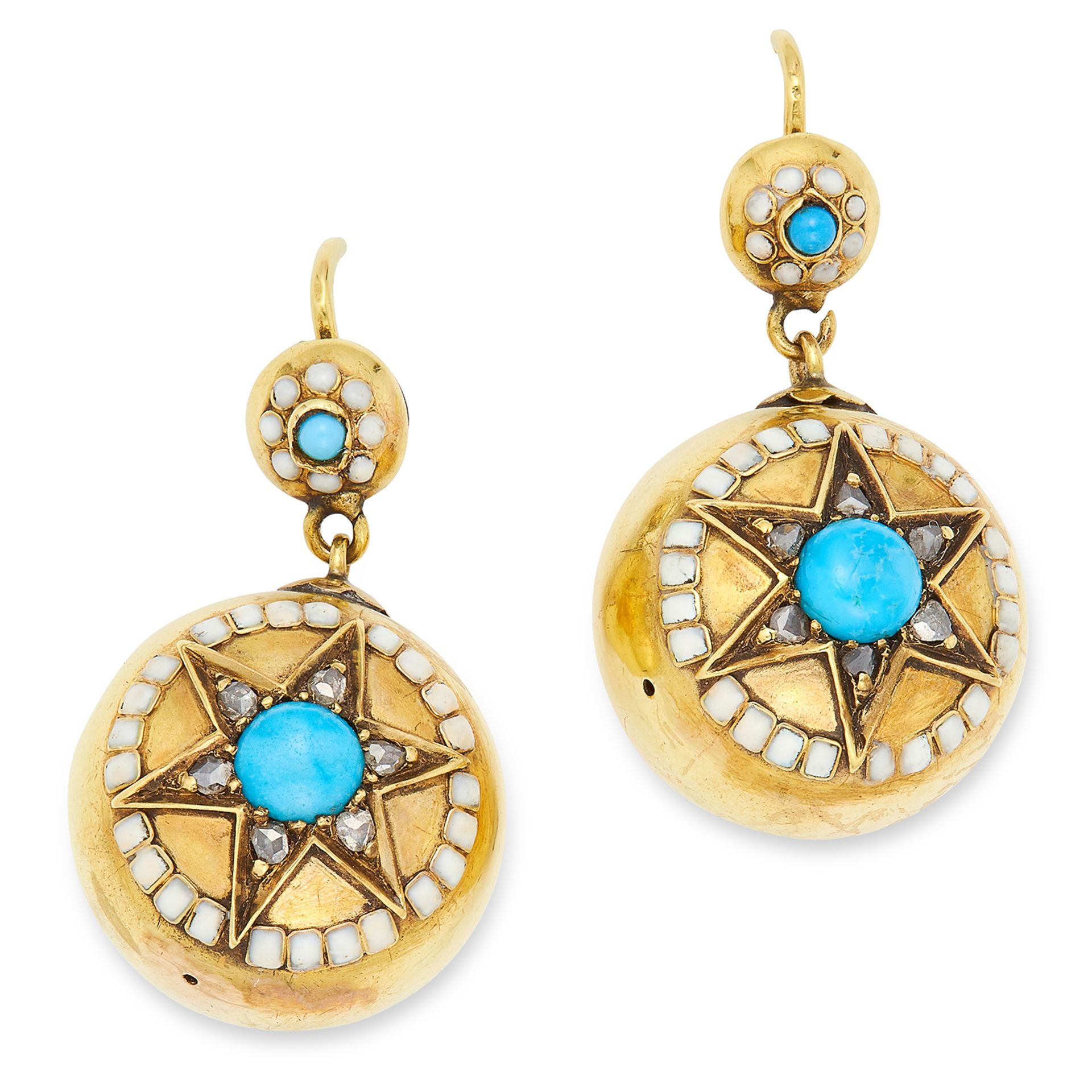 ANTIQUE TURQUOISE, ENAMEL AND DIAMOND EARRINGS, set with cabochon turquoise, white enamel and