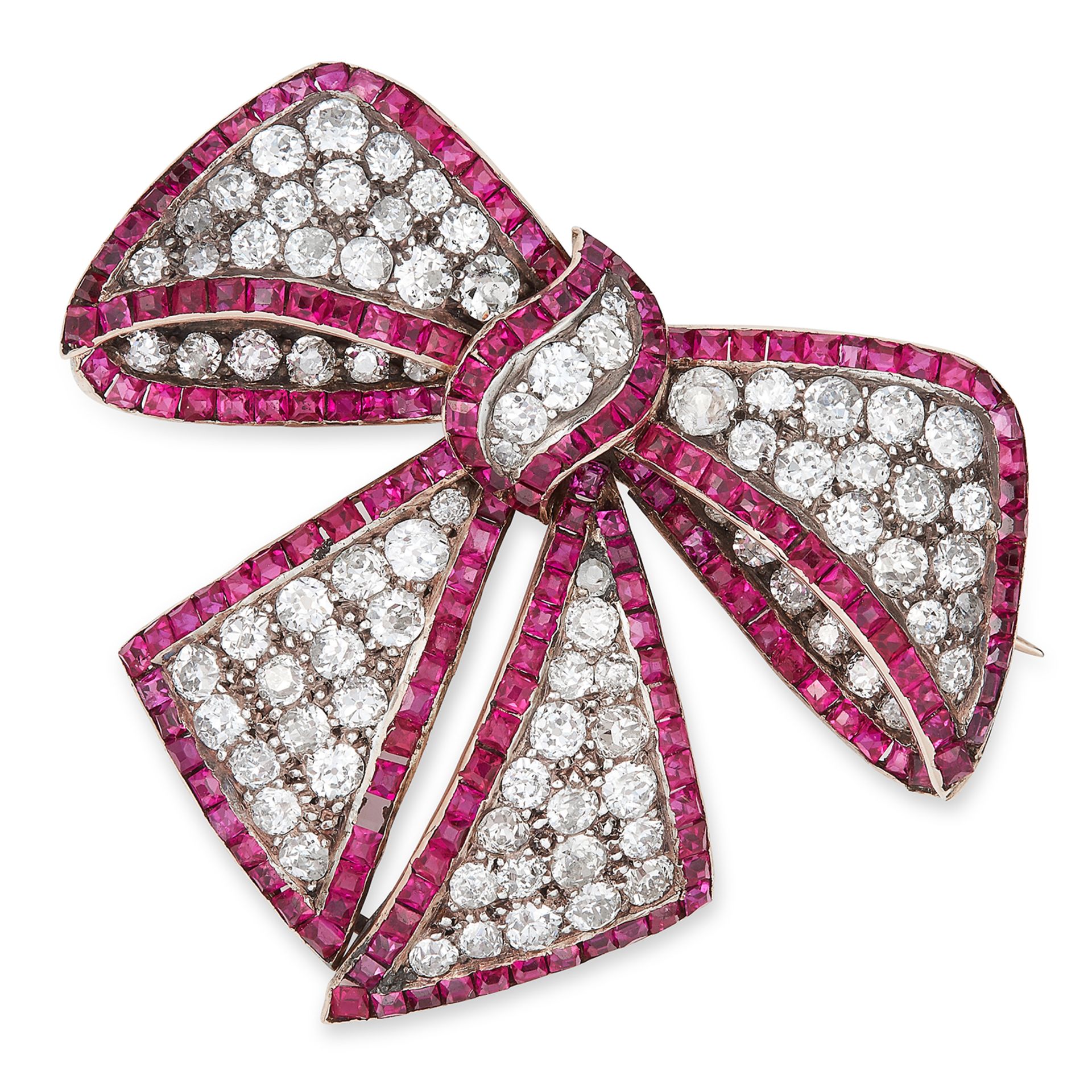 ANTIQUE DIAMOND AND RUBY BOW BROOCH, CIRCA 1900 set with old cut diamonds and step cut rubies,