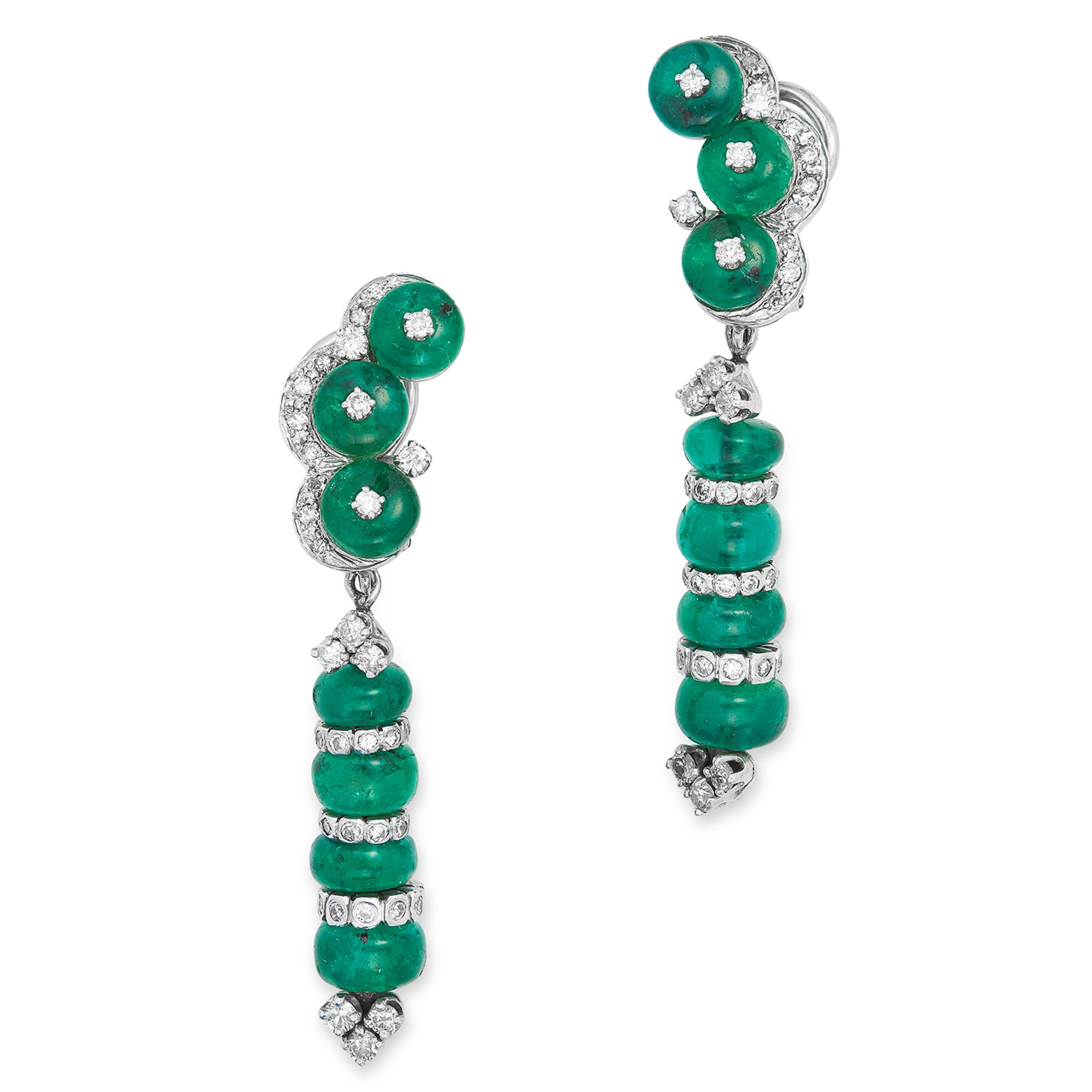 EMERALD AND DIAMOND DROP EARRINGS the articulated bodies comprising of polished circular emeralds