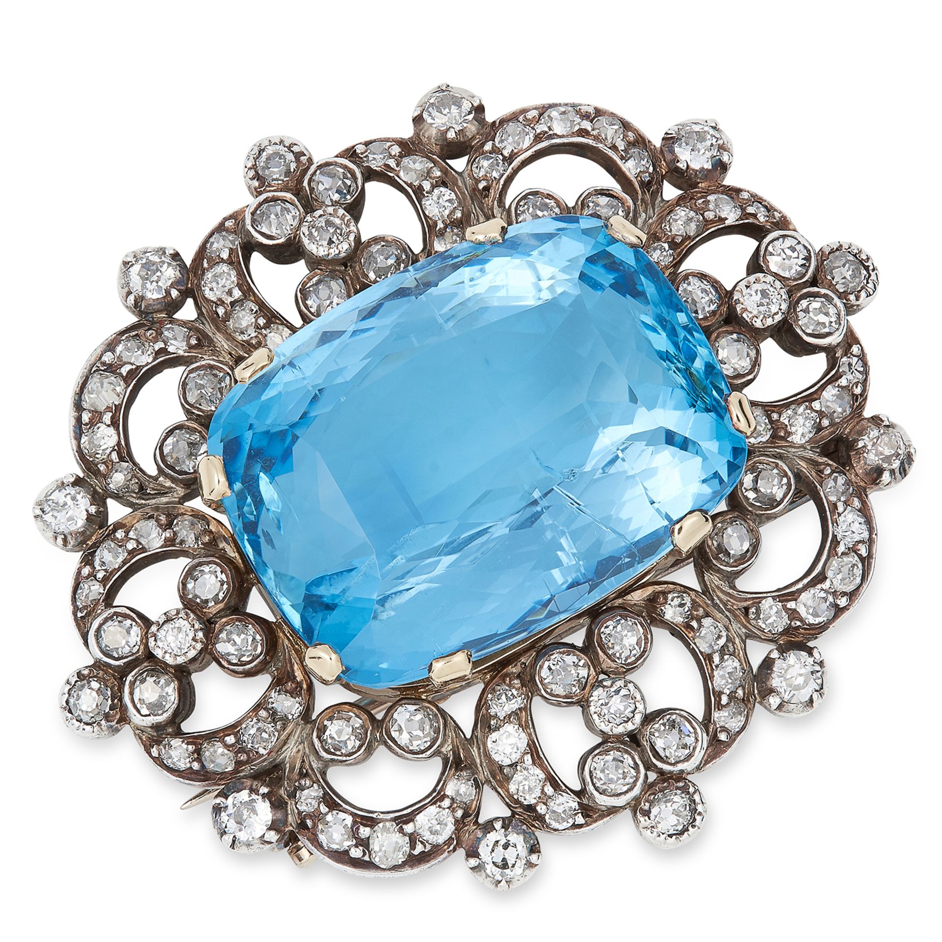 AQUAMARINE AND DIAMOND BROOCH set with an oval cushion cut aquamarine of approximately 30 carats