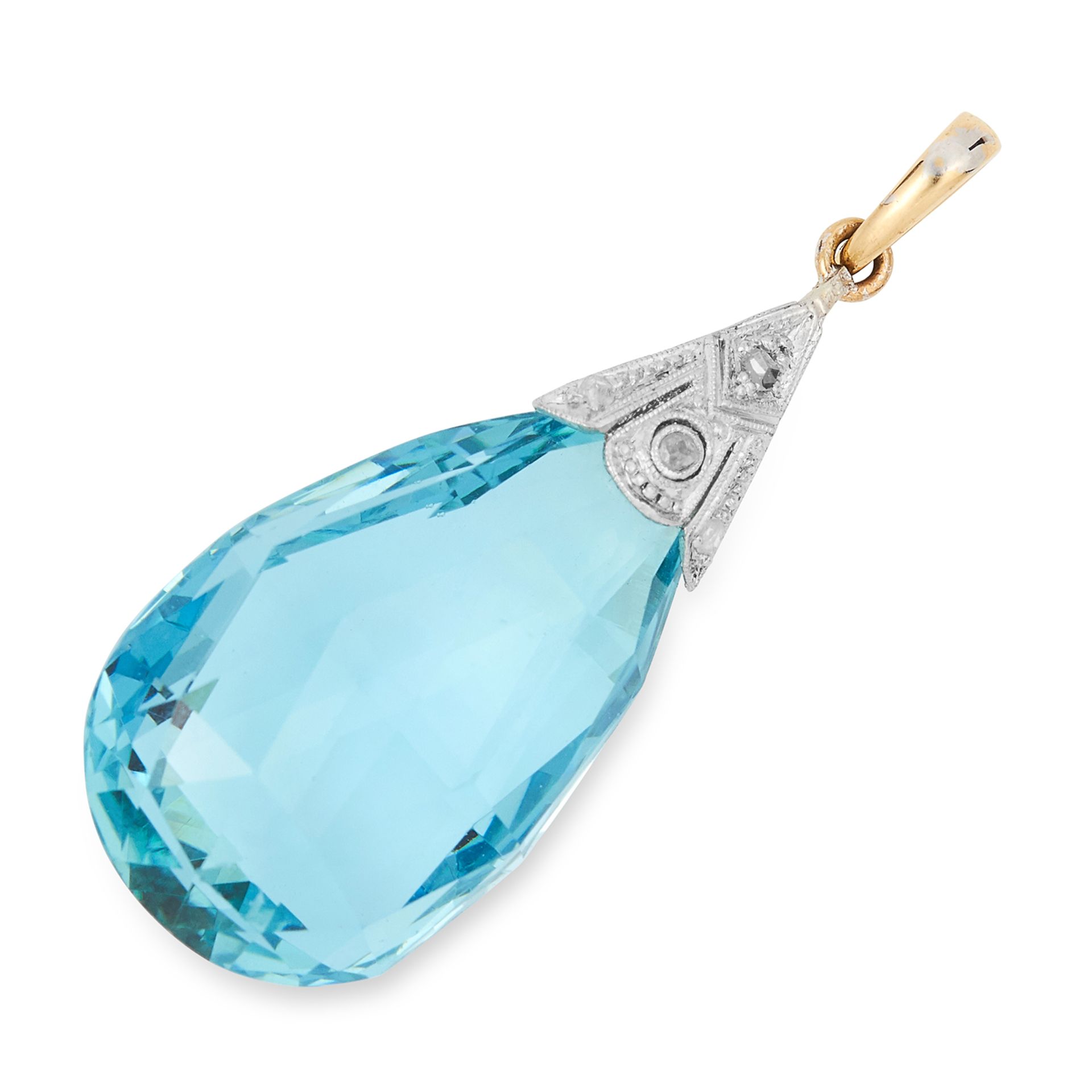 ANTIQUE AQUAMARINE AND DIAMOND PENDANT formed of a briolette cut aquamarine totalling 19.50 carats