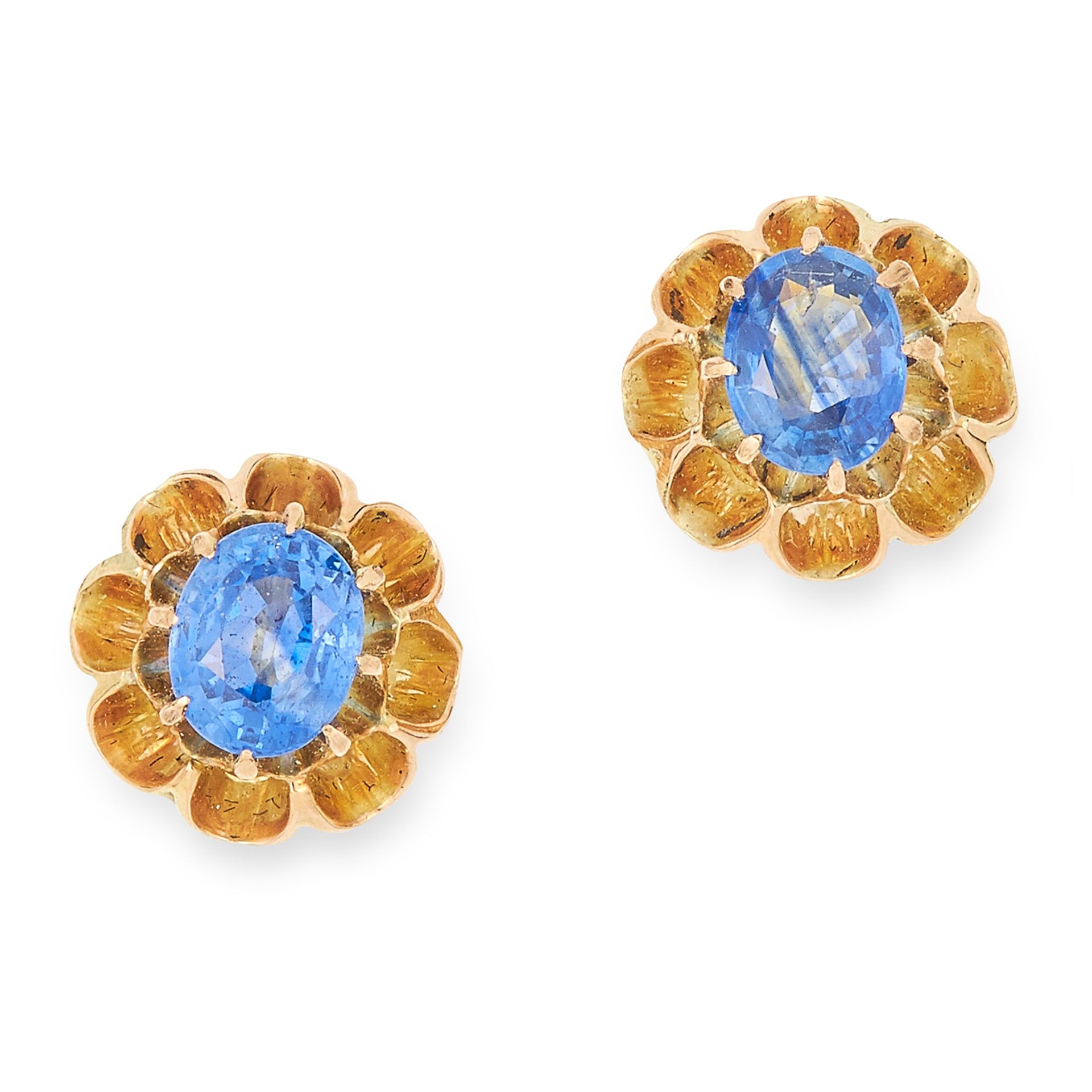 SAPPHIRE EARRINGS, set with oval cut sapphires in a floral border, 9mm, 3g.