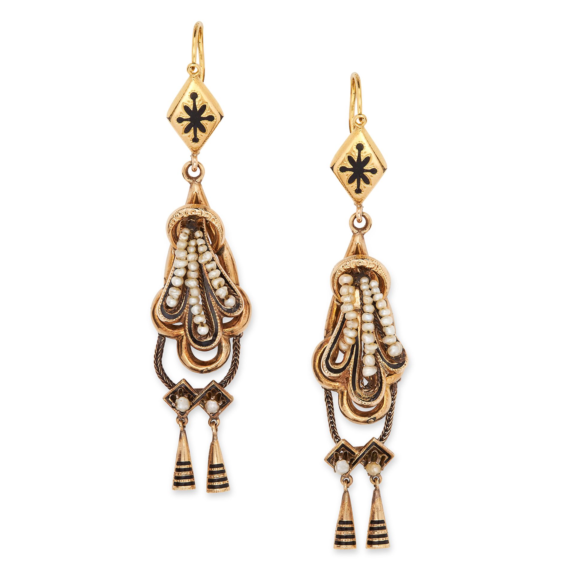 ANTIQUE PEARL AND ENAMEL DROP EARRINGS the articulated bodies set with seed pearls and black enamel,