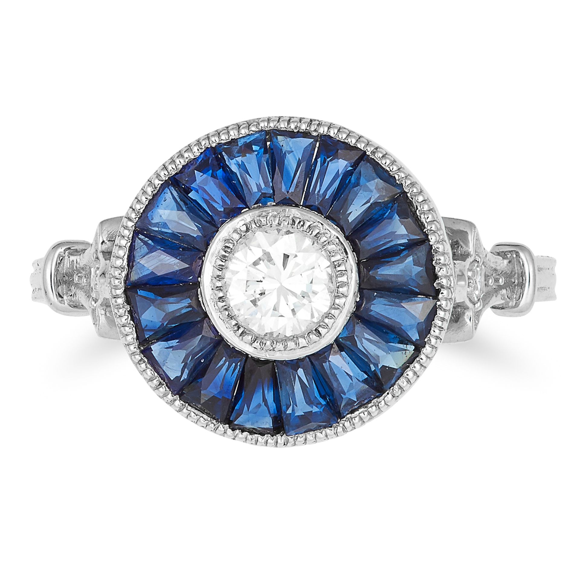 SAPPHIRE AND DIAMOND TARGET RING set with a round cut diamond in a border of calibre cut