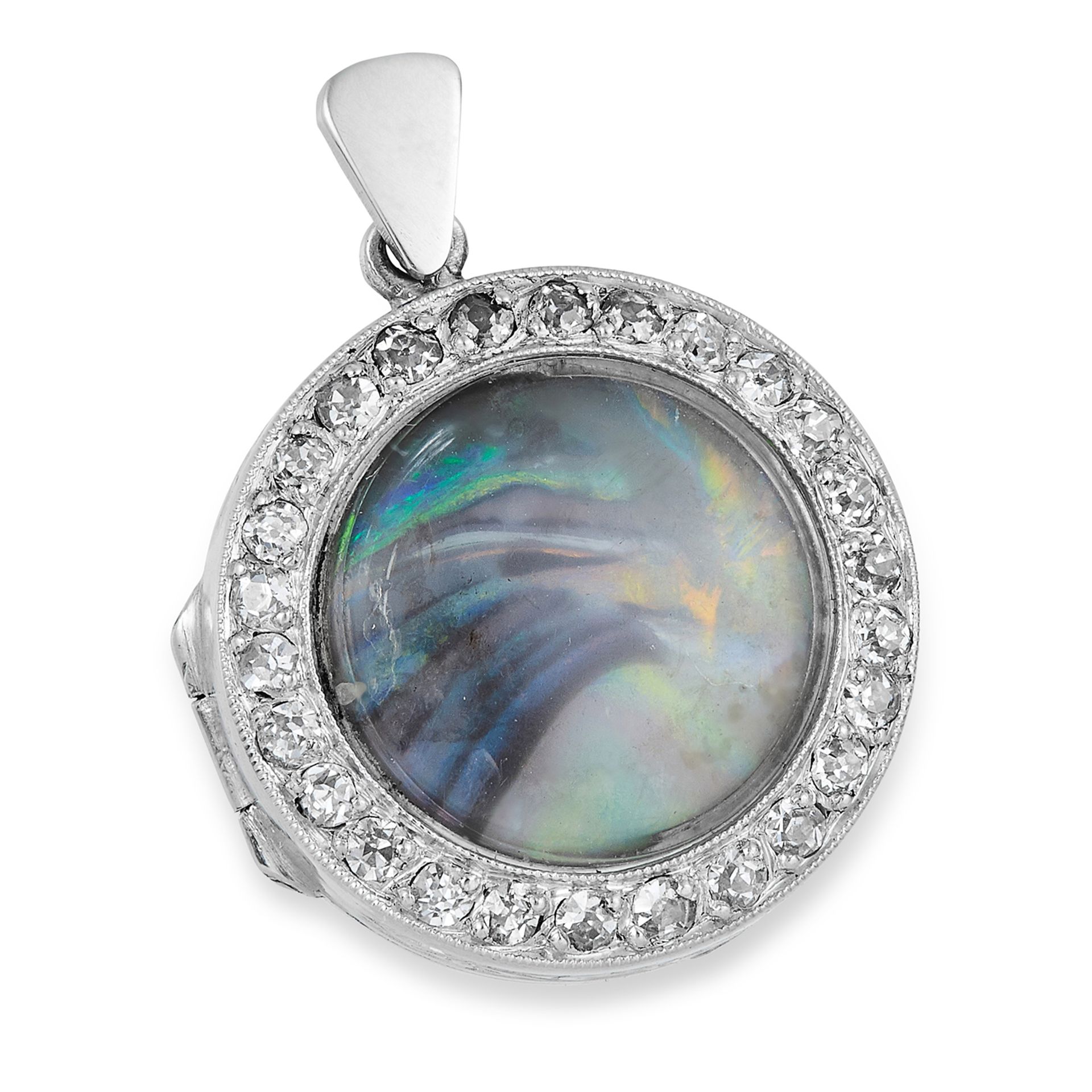 ART DECO OPAL AND DIAMOND PENDANT, set with an opal in a border of round cut