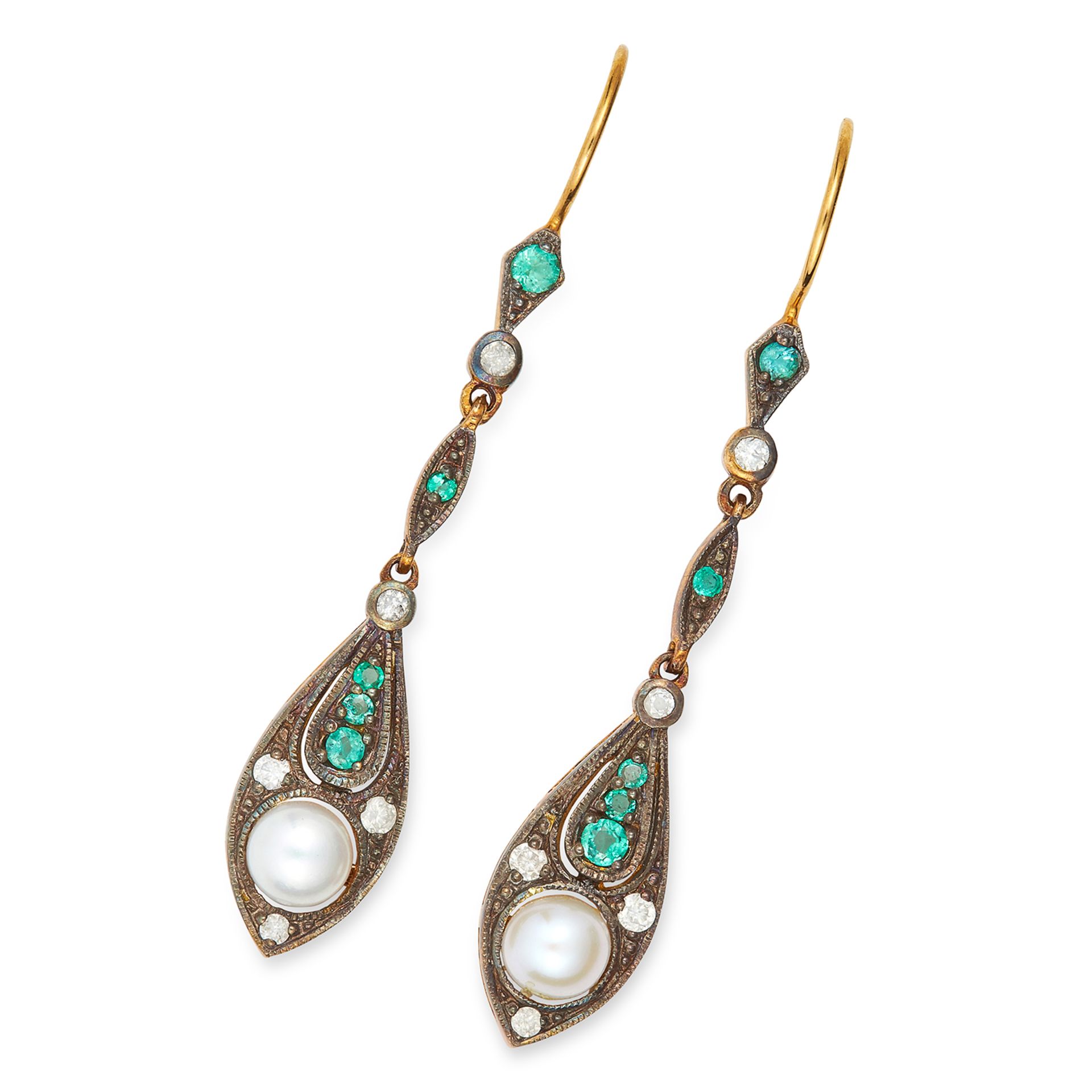 EMERALD, PEARL AND DIAMOND DROP EARRINGS each set with round cut emeralds and diamonds and a