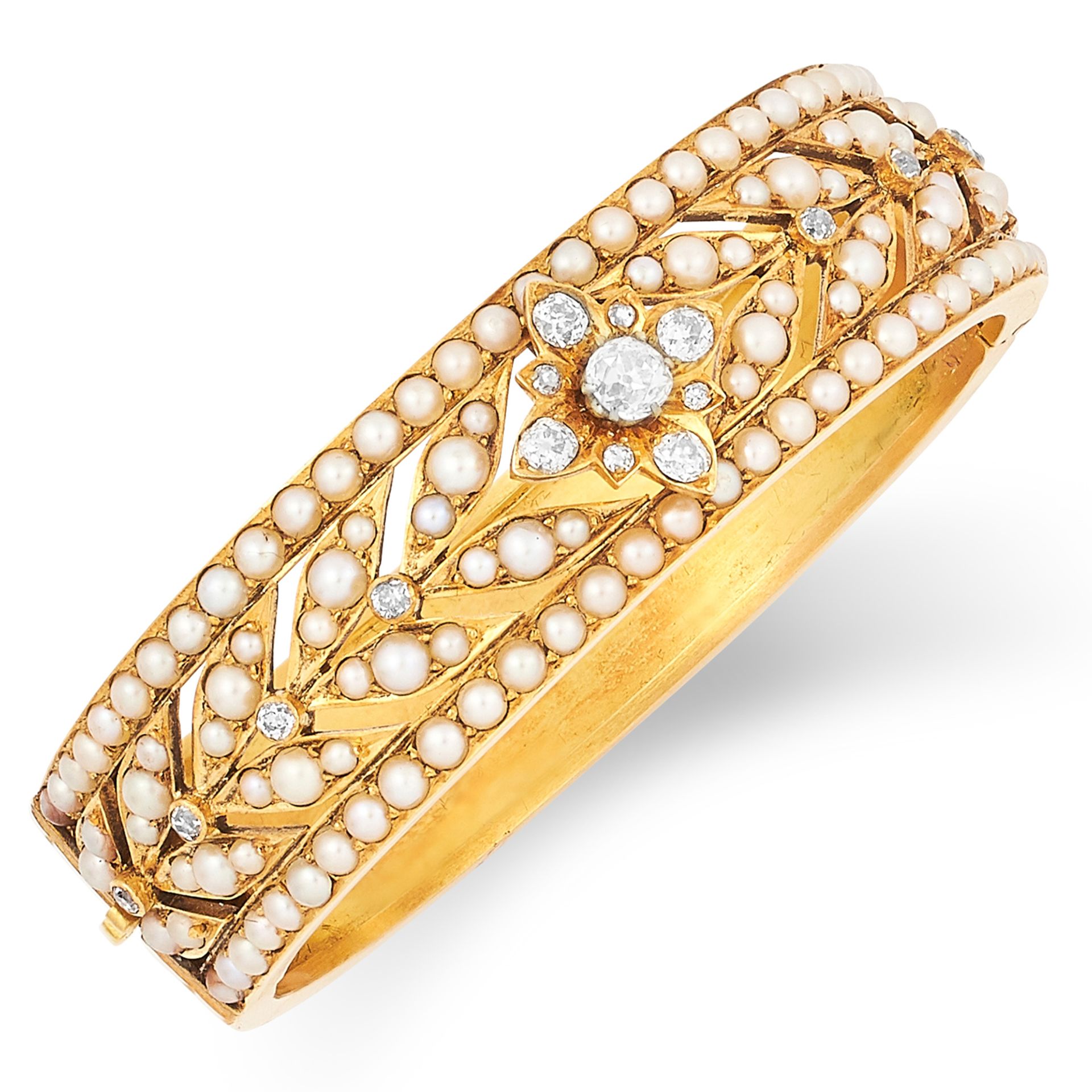 ANTIQUE PEARL AND DIAMOND BANGLE, 19TH CENTURY set with seed pearls and old cut diamonds, 5.5cm