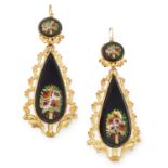 ANTIQUE FLORAL MICROMOSAIC EARRINGS, set within a decorative foliate border, 7.5cm, 17.6g.