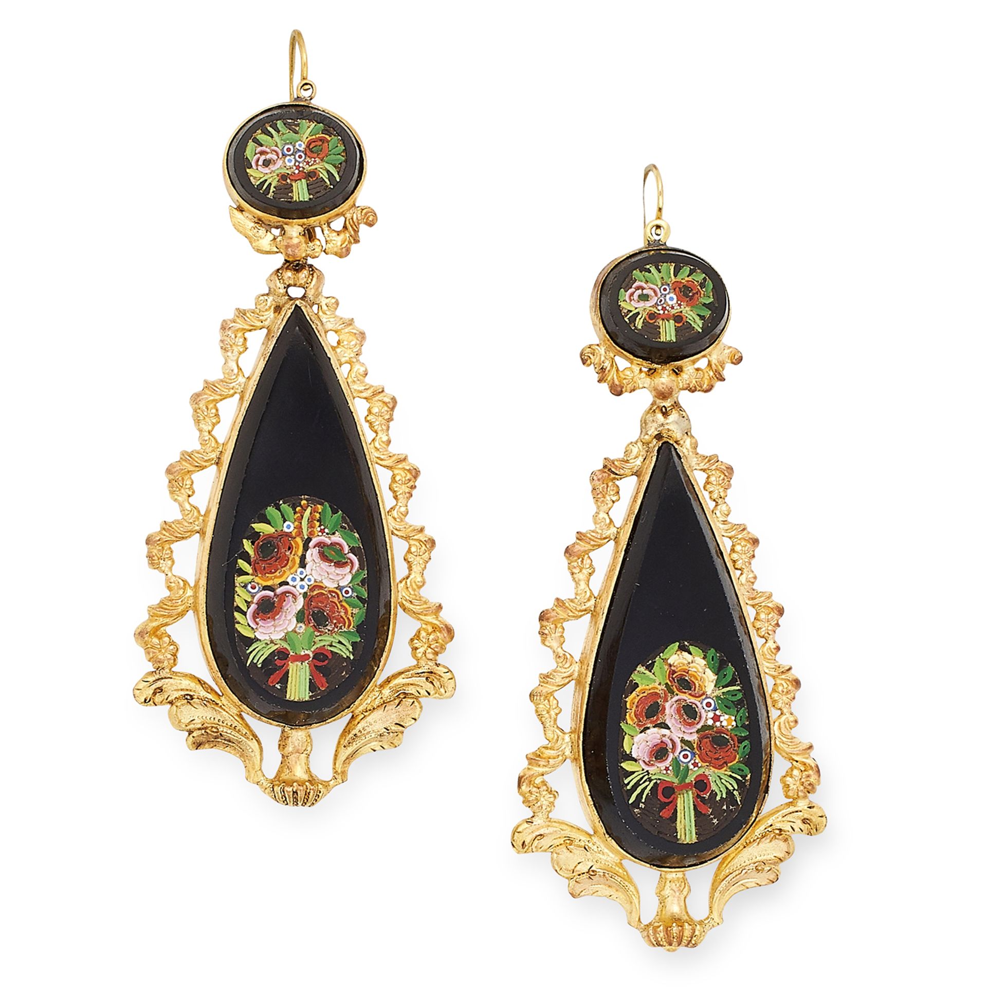 ANTIQUE FLORAL MICROMOSAIC EARRINGS, set within a decorative foliate border, 7.5cm, 17.6g.