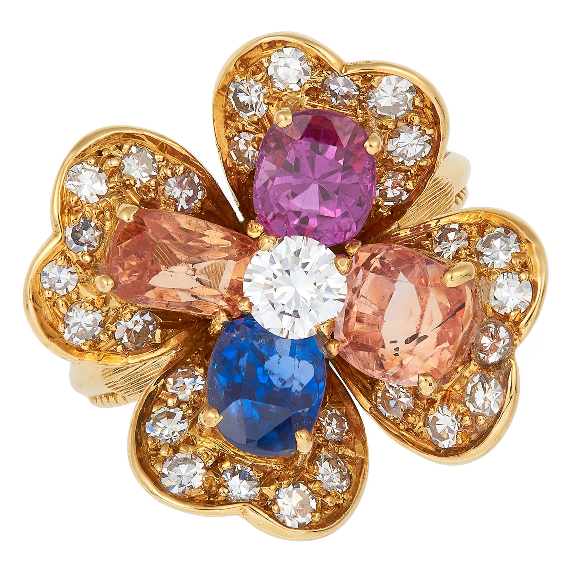 GEM SET FLOWER RING, RENE KERN, CIRCA 1970 set with cushion cut blue, purple and padparadscha