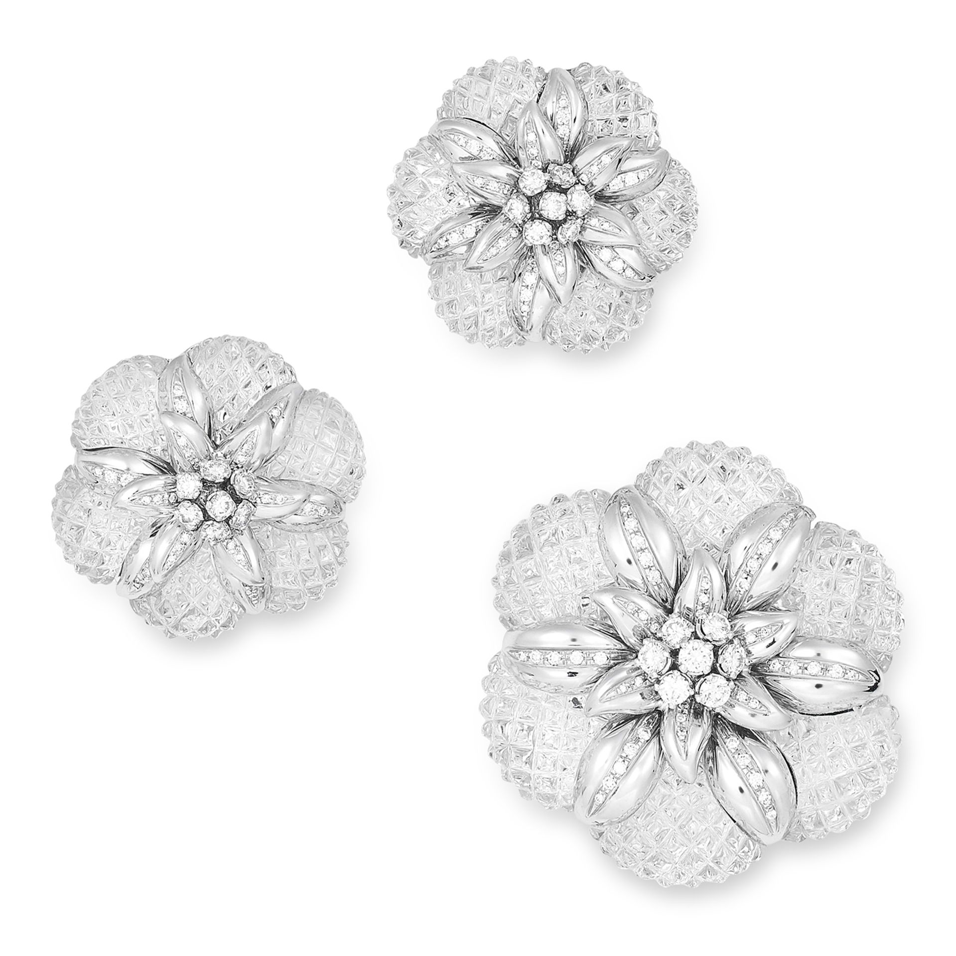 CARVED ROCK CRYSTAL AND DIAMOND BROOCH AND CLIP EARRINGS SUITE, SABBADINI comprising of carved