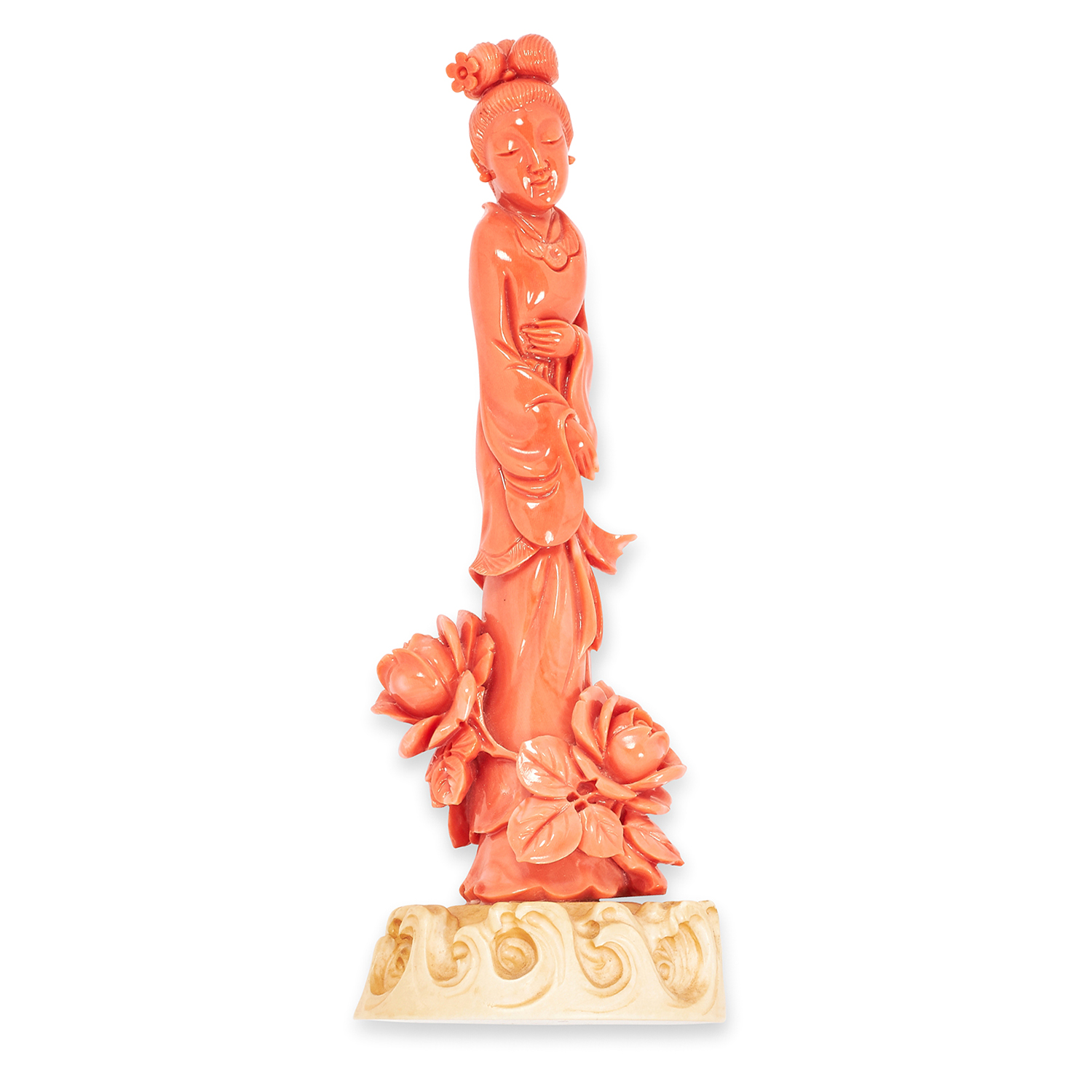 ANTIQUE CHINESE CARVED CORAL GUAN YIN STATUE, QING DYNASTY depicting Guan Yin, with carved ivory