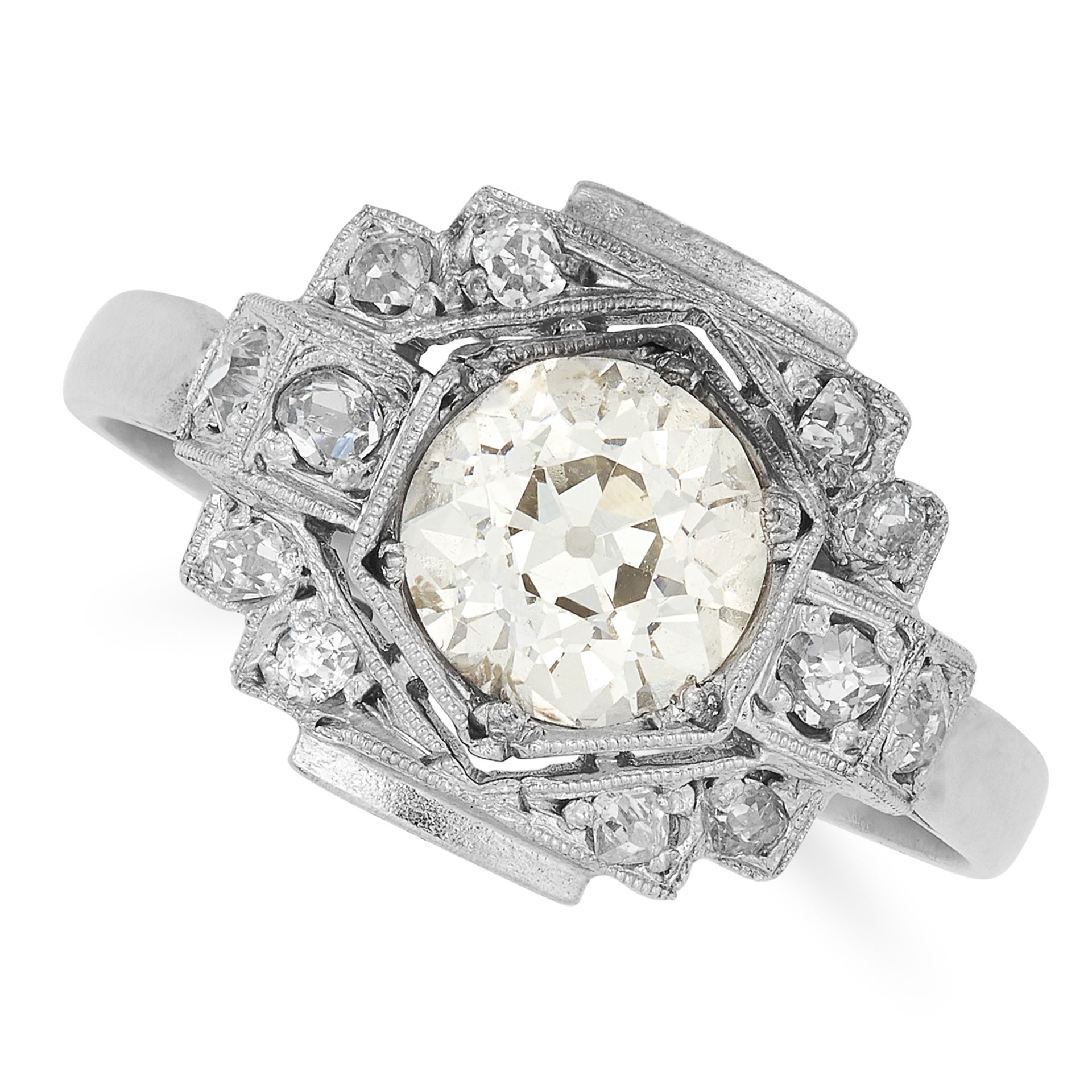 ANTIQUE ART DECO DIAMOND DRESS RING set with a central old cut diamond of approximately 1.18