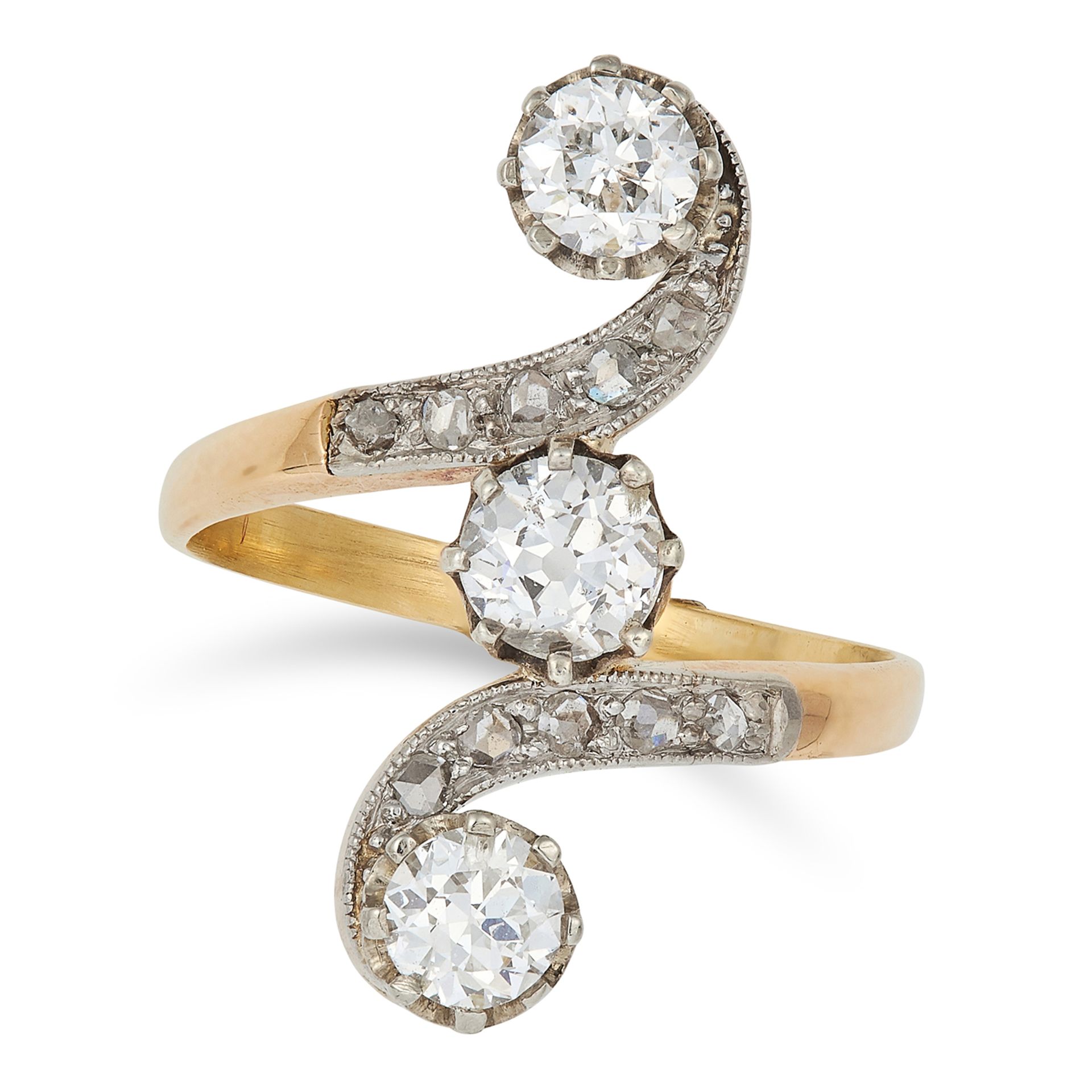 ANTIQUE DIAMOND DRESS RING set with round and rose cut diamonds in twisted design, size J / 4.5,