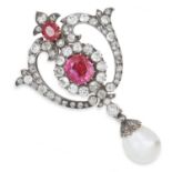 ANTIQUE BURMA NO HEAT RUBY, DIAMOND AND NATURAL PEARL BROOCH set with a principal val cut ruby of