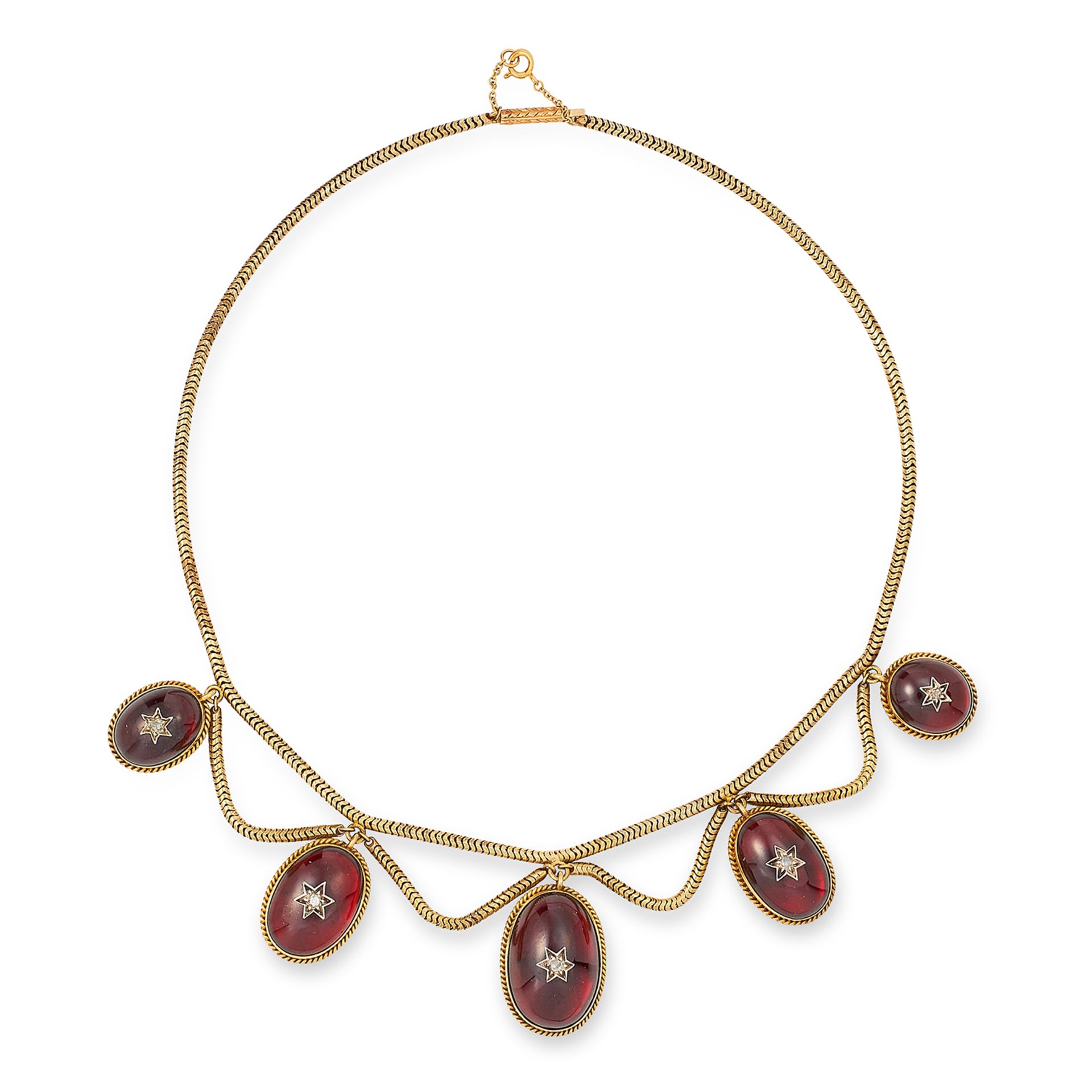 ANTIQUE VICTORIAN GARNET AND DIAMOND NECKLACE comprising of cabochon garnet jewelled with rose cut