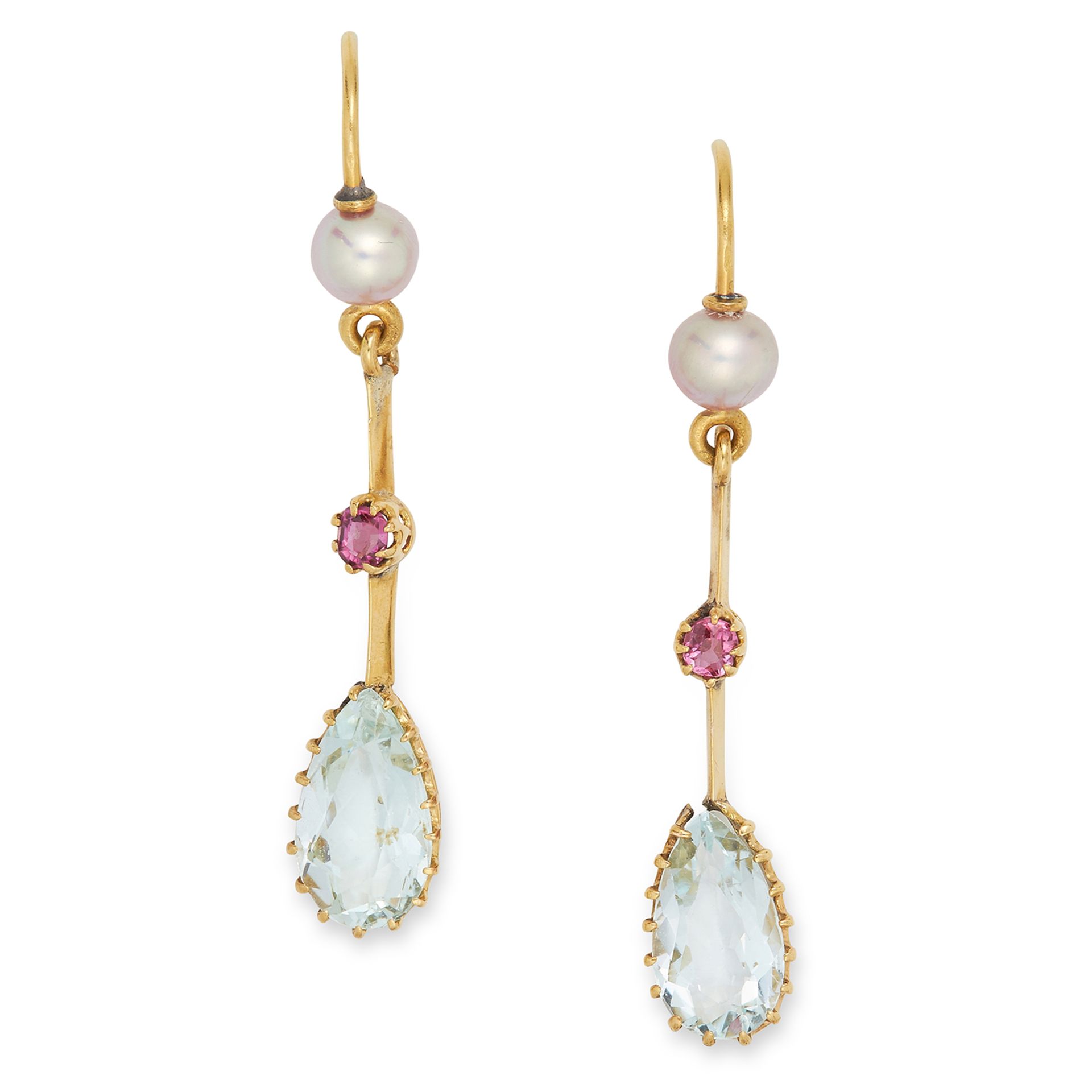 ANTIQUE AQUAMARINE, RUBY AND PEARL EARRINGS each comprising of a pearl, round cut ruby and a pear