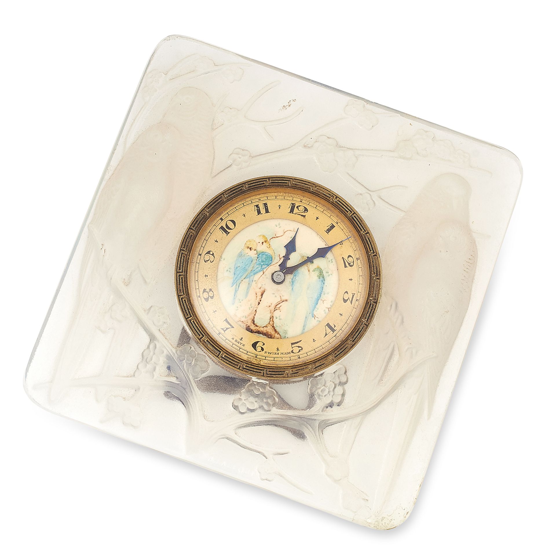 ANTIQUE ART NOUVEAU CLOCK, RENE LALIQUE with carved parakeets and a painted miniature scene