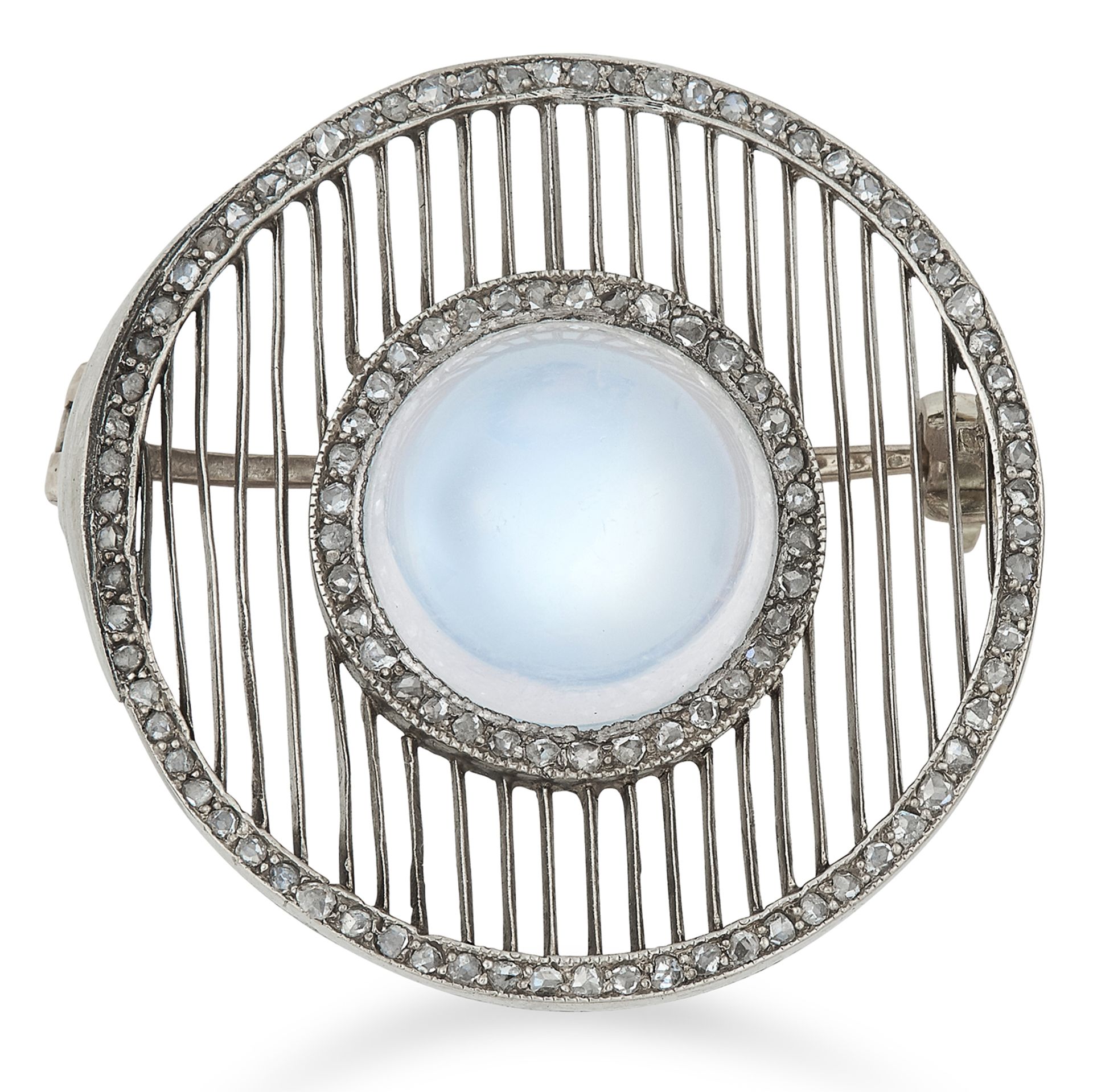 ANTIQUE ART DECO MOONSTONE AND DIAMOND BROOCH set with a cabochon moonstone and rose cut diamonds,