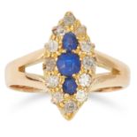 ANTIQUE SAPPHIRE AND DIAMOND RING the marquise face is set with cushion cut sapphires and old cut