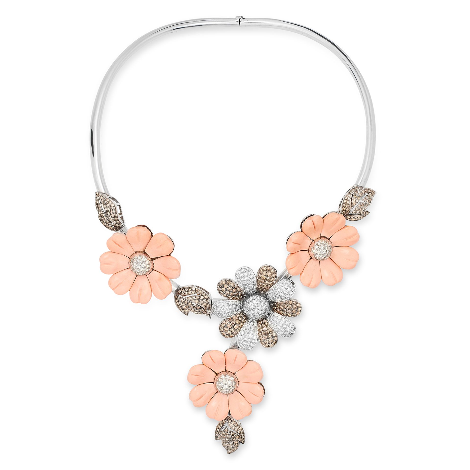 CORAL AND DIAMOND FLOWER NECKLACE set with round cut white and champagne diamonds in floral motif