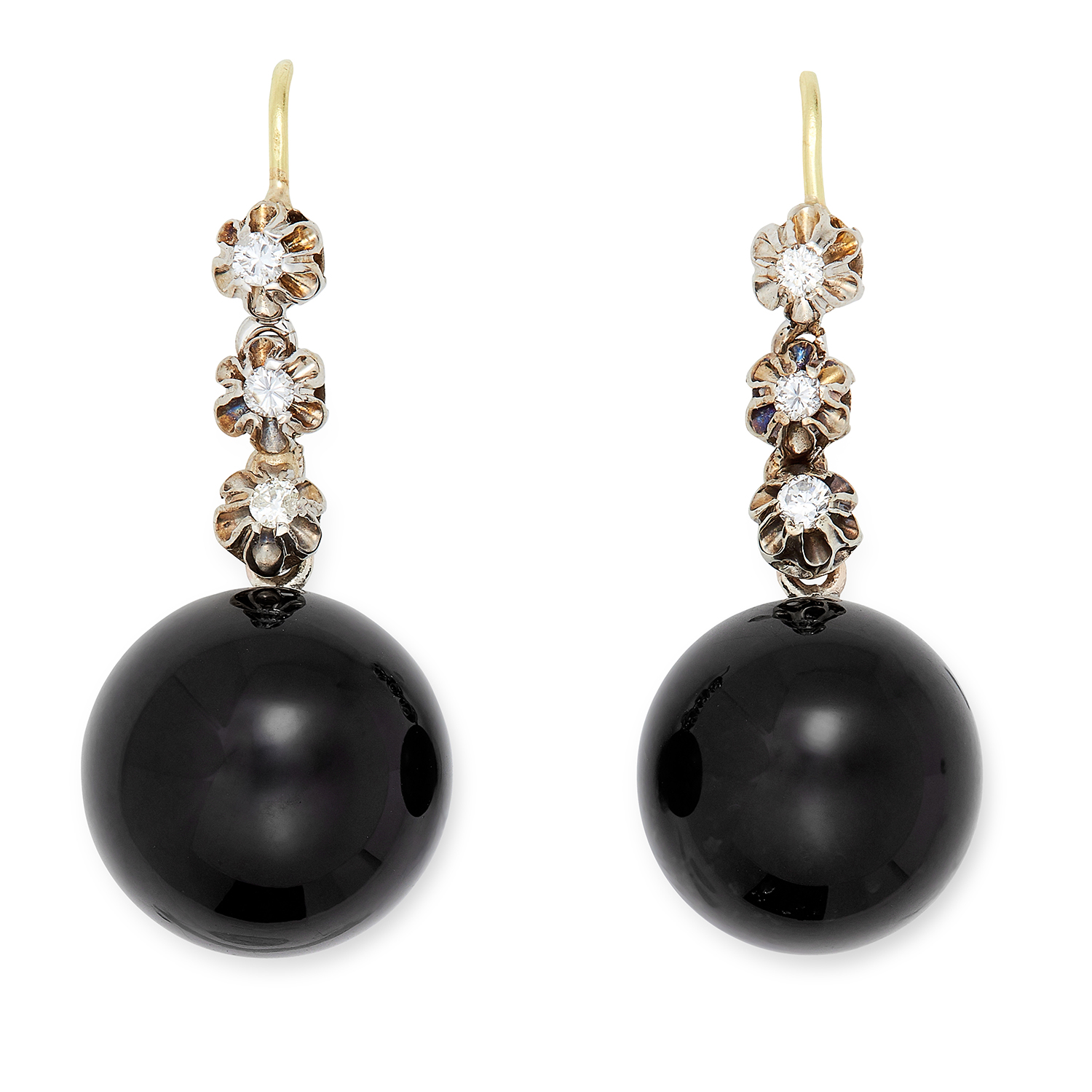 ONYX AND DIAMOND EARRINGS each set with three round cut diamonds, suspending a polished onyx bead,