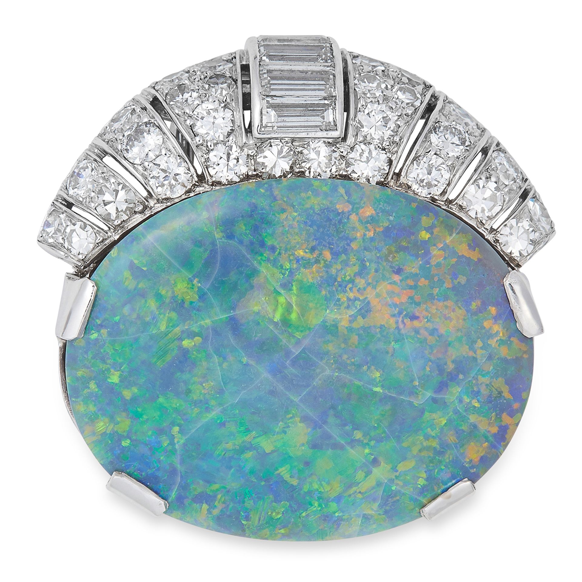 ART DECO BLACK OPAL AND DIAMOND CLIP BROOCH, CARTIER set with a cabochon opal of approximately 15.26