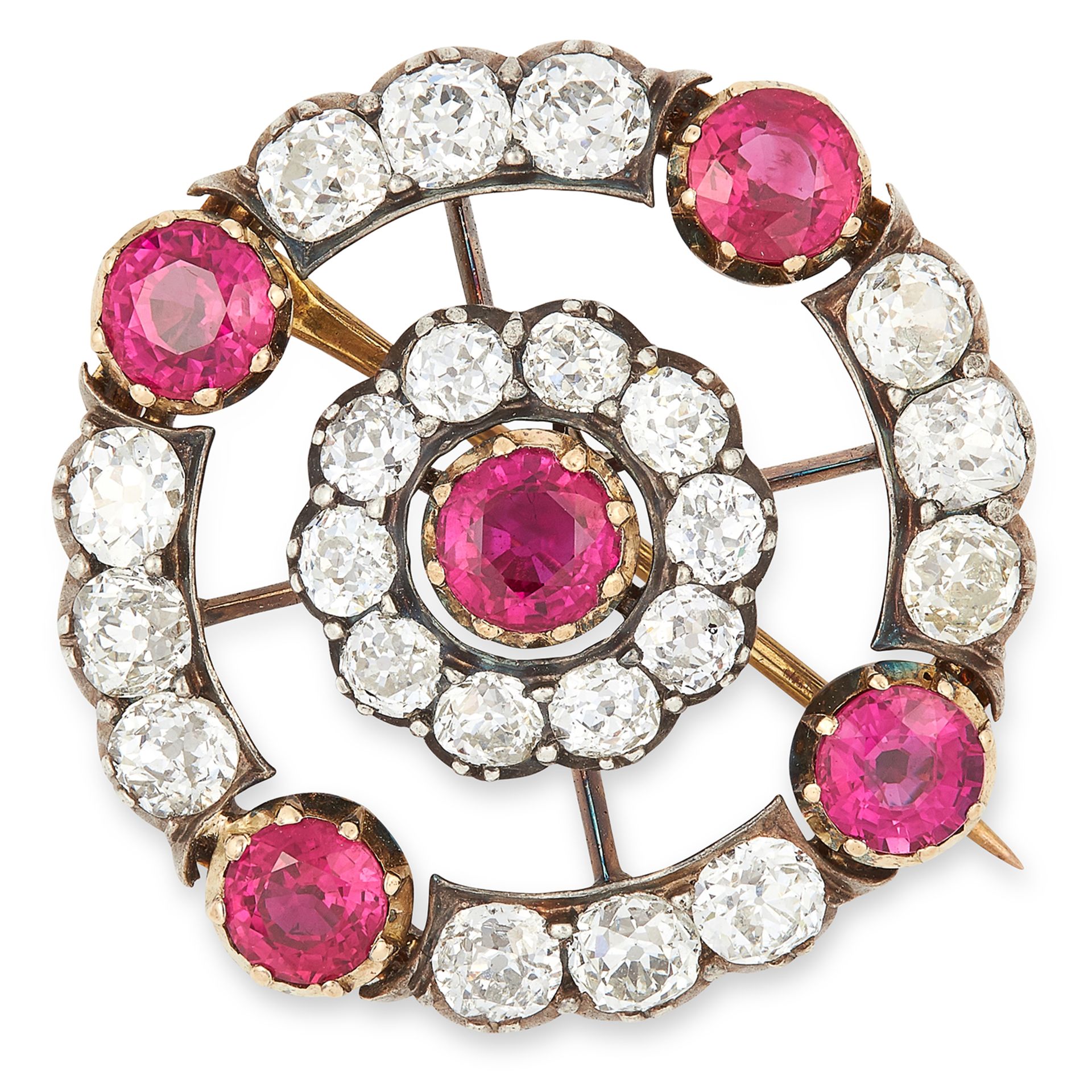 ANTIQUE RUBY AND DIAMOND BROOCH, set with approximately 4.30 carats of old cut diamonds and