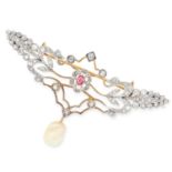 ANTIQUE PEARL, DIAMOND AND RUBY BROOCH set with old cut diamonds, oval cut ruby and suspending a