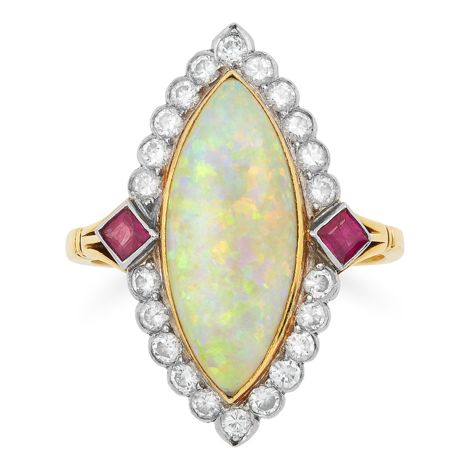 VINTAGE OPAL, DIAMOND AND RUBY CLUSTER RING set with a cabochon opal in a border of round cut