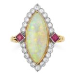 VINTAGE OPAL, DIAMOND AND RUBY CLUSTER RING set with a cabochon opal in a border of round cut