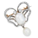 ANTIQUE NATURAL PEARL AND DIAMOND BROOCH set with a central natural pearl of 14.2mm, suspending