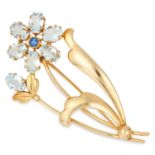 AQUAMARINE AND SAPPHIRE FLOWER BROOCH set with fancy 11cut aquamarines and a round cut sapphire,